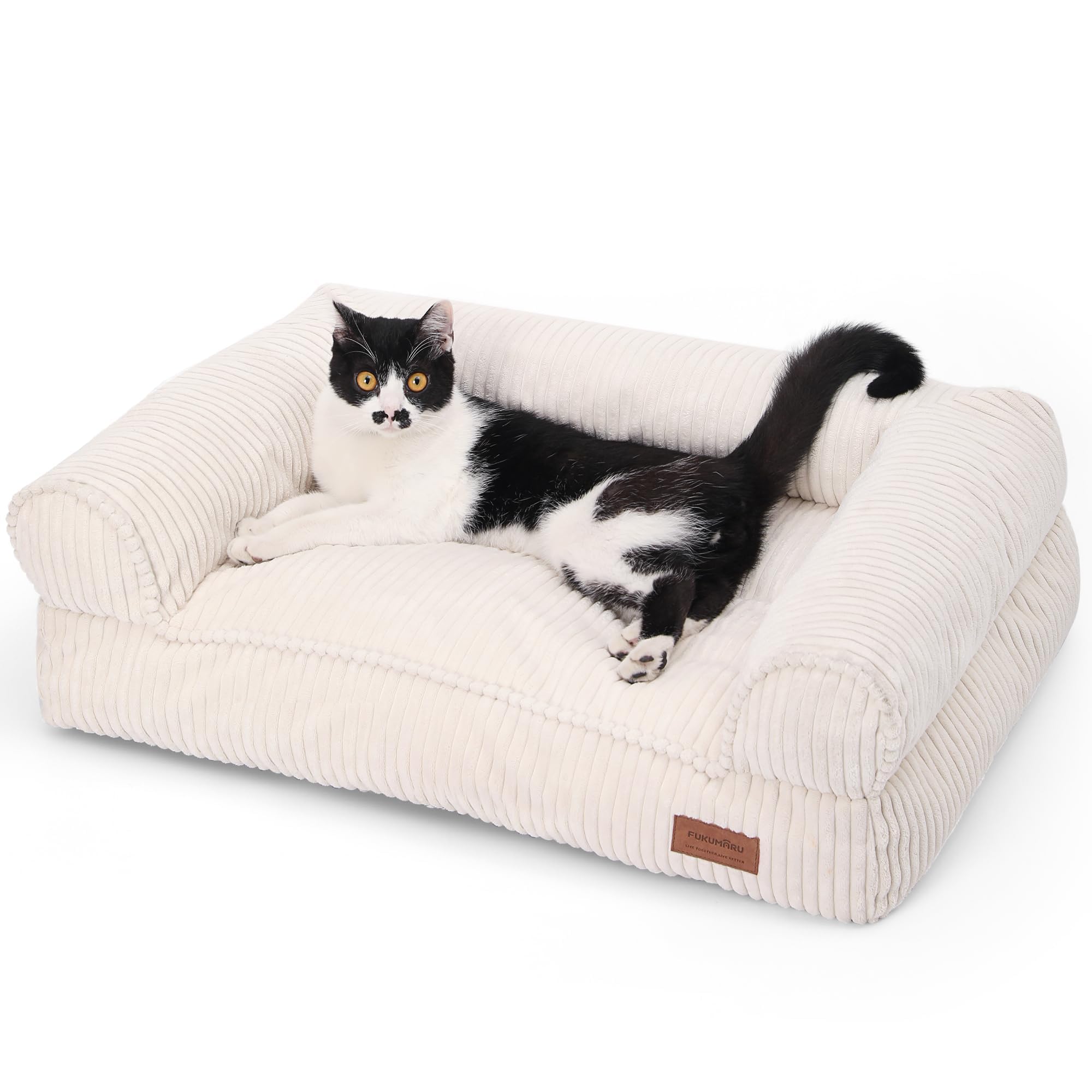 FUKUMARU Cat Couch Bed, Corduroy Cozy Cat Bed for Indoor Cats with Removable Washable Cover, Supportive AntiSlip Dog Beds Sofa 
