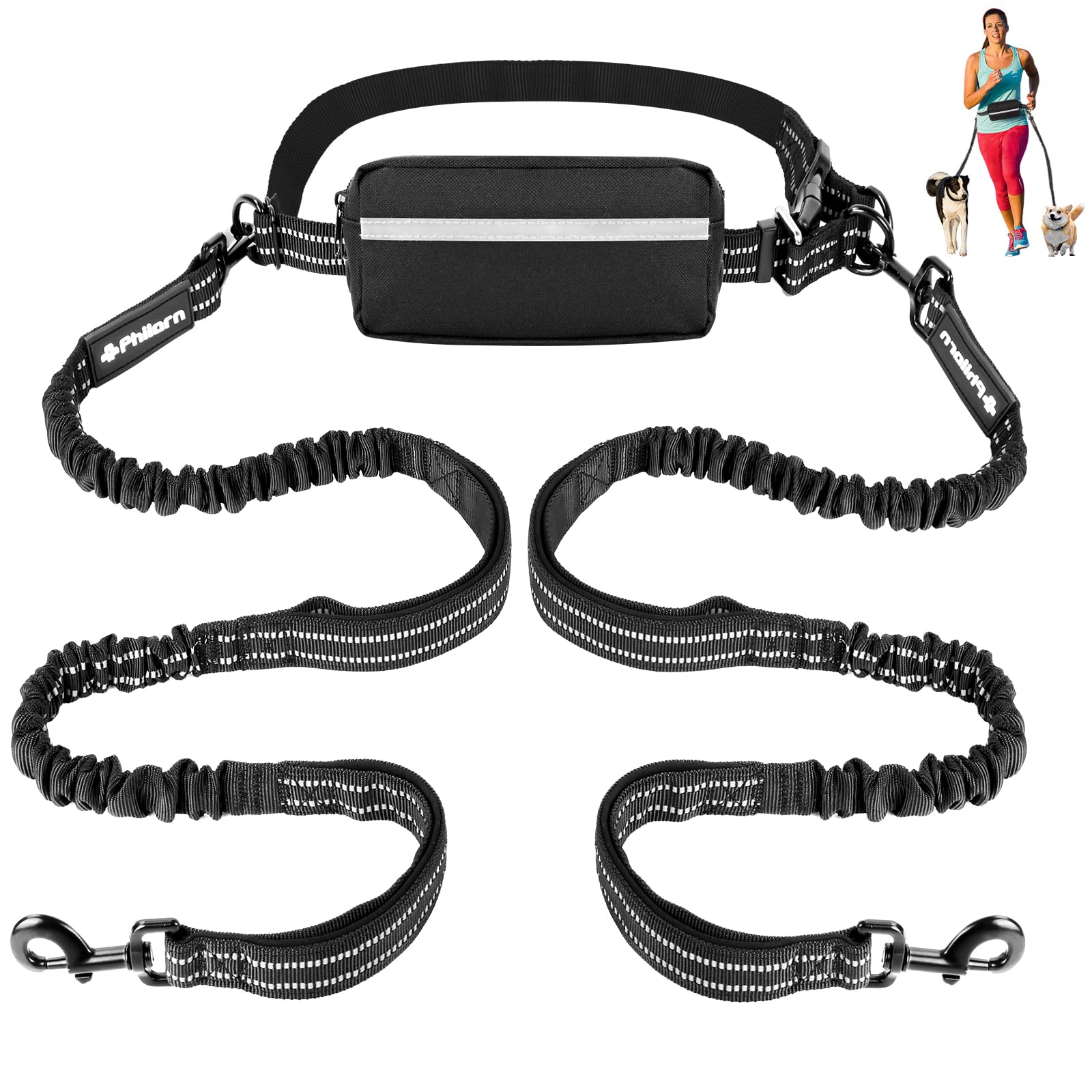 Philorn Hands Free Dog Leash for 2 Dogs, Adjustable Waist Leash for Medium Large Dogs Walking, Running, Jogging, Hiking, Dual Ha