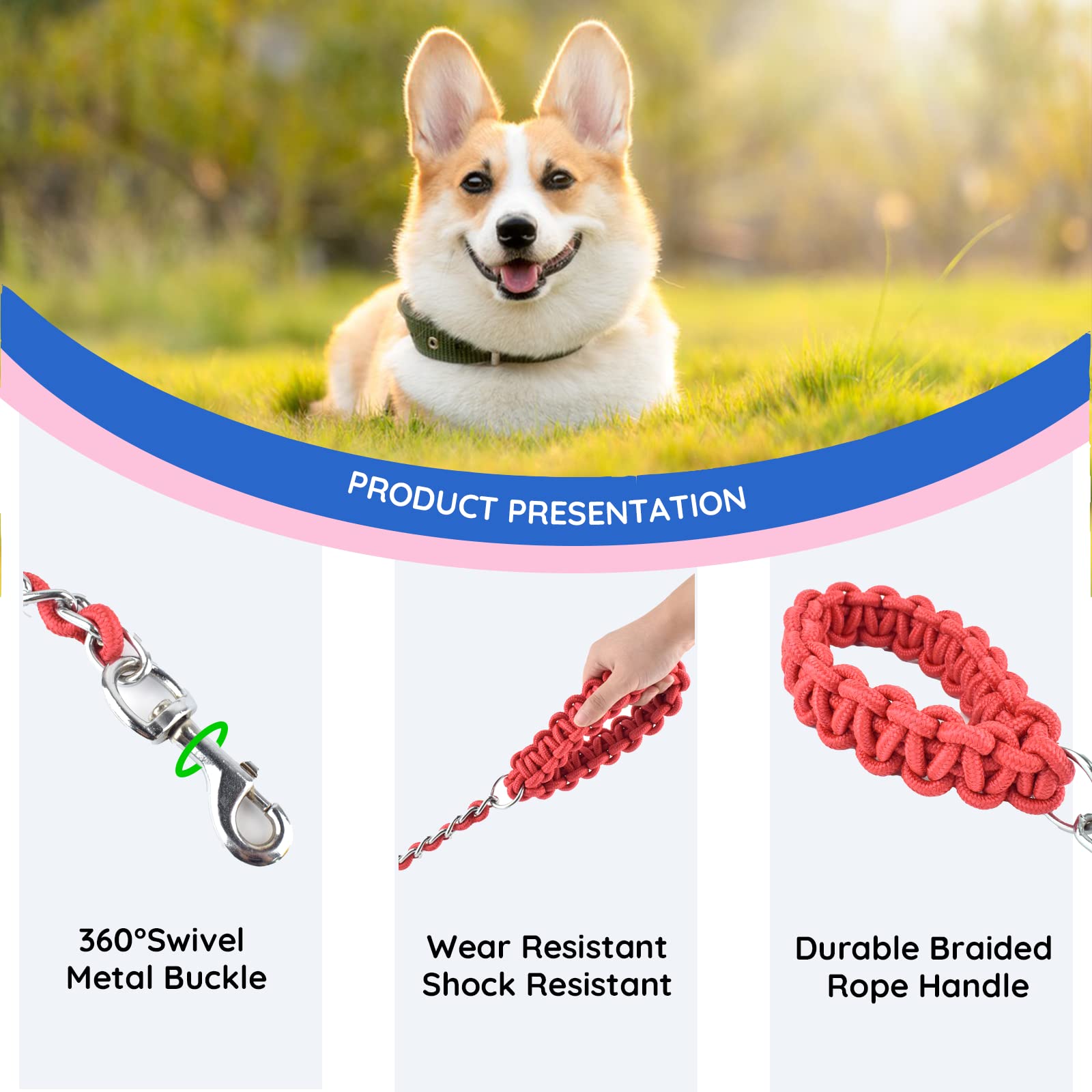 Chew Proof Dog Leash 5.5Ft Heavy Duty Dog Leashes Metal Pet Chain Lead With Soft Rope Handle For Medium Large Dogs