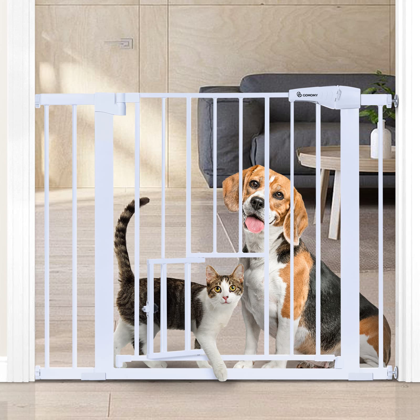 COMOMY Dog Gate - Sturdy Pressure Mounted Pet Gate with Cat Door, Fits 29.5"-40.5", White, Model 3O-95TY-AJS6