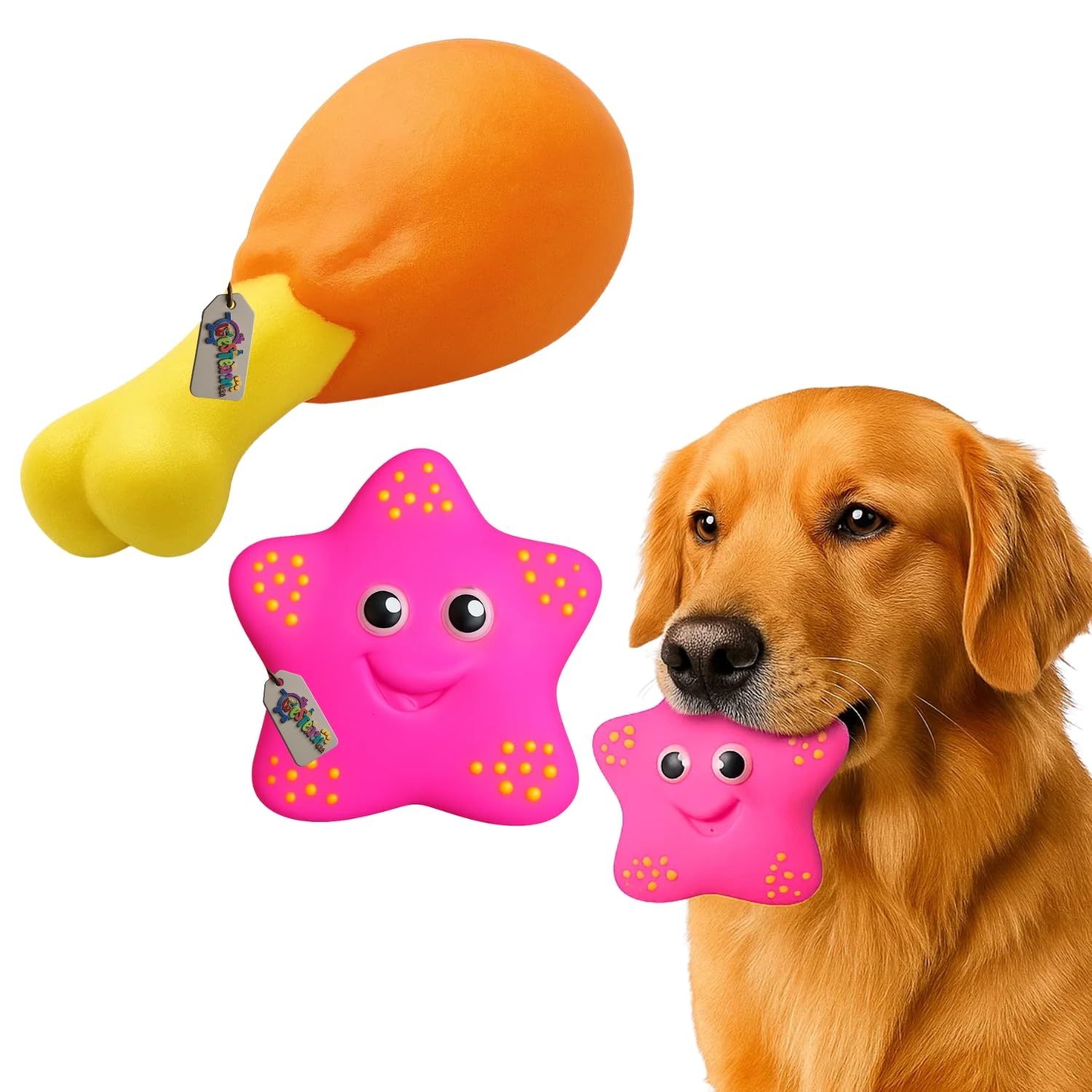Western Era Starfish & Chicken Leg Squeaky Dog Toy Combo | Fun Cartoon Design | Chew Toys for Dogs & Puppies | Pet Teething, Tug