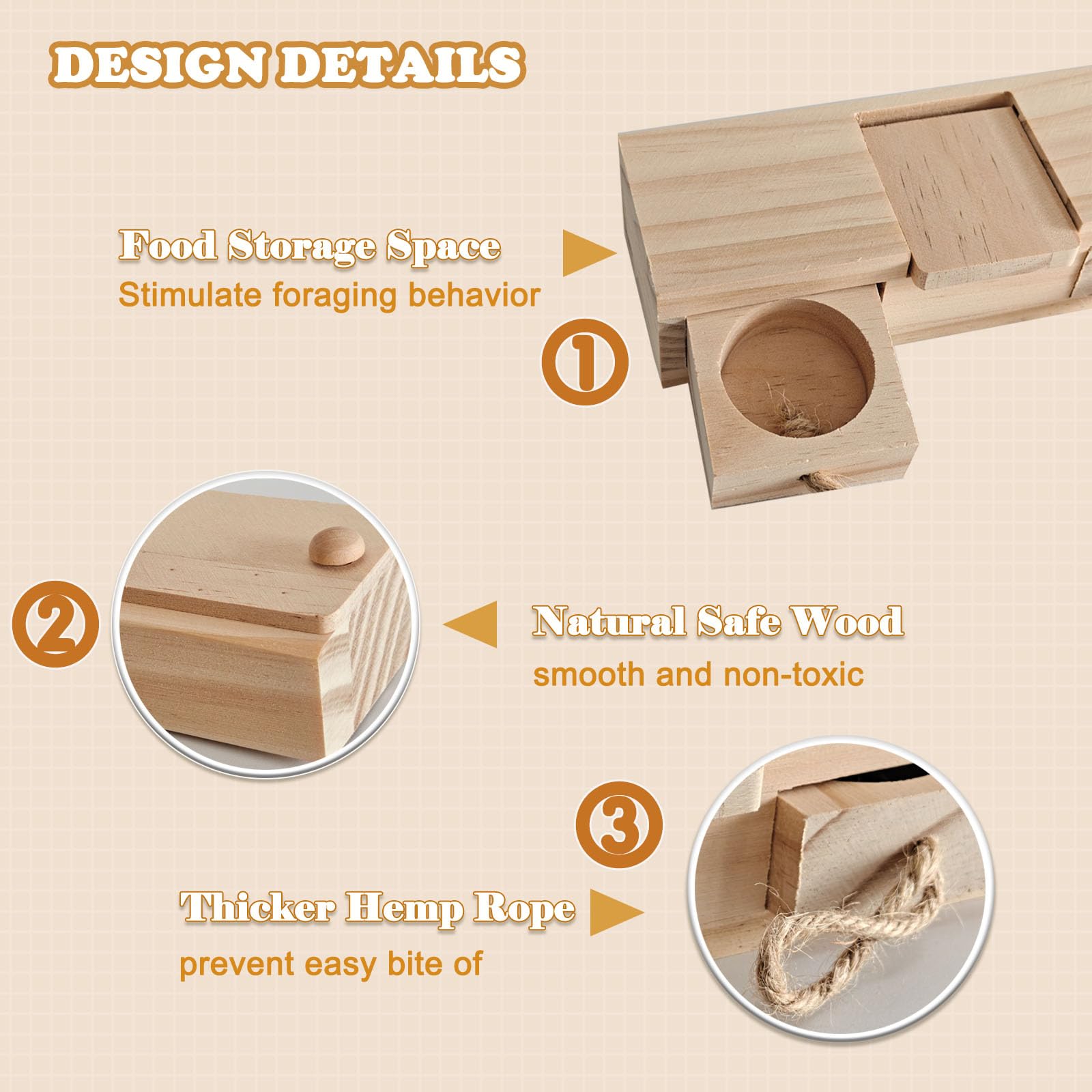 JINYOND 2 PCS Wooden Foraging Toys for Guinea Pigs Hamsters Chinchillas Natural Pinewood Puzzle Feeder with Drawers & Ropes Smal