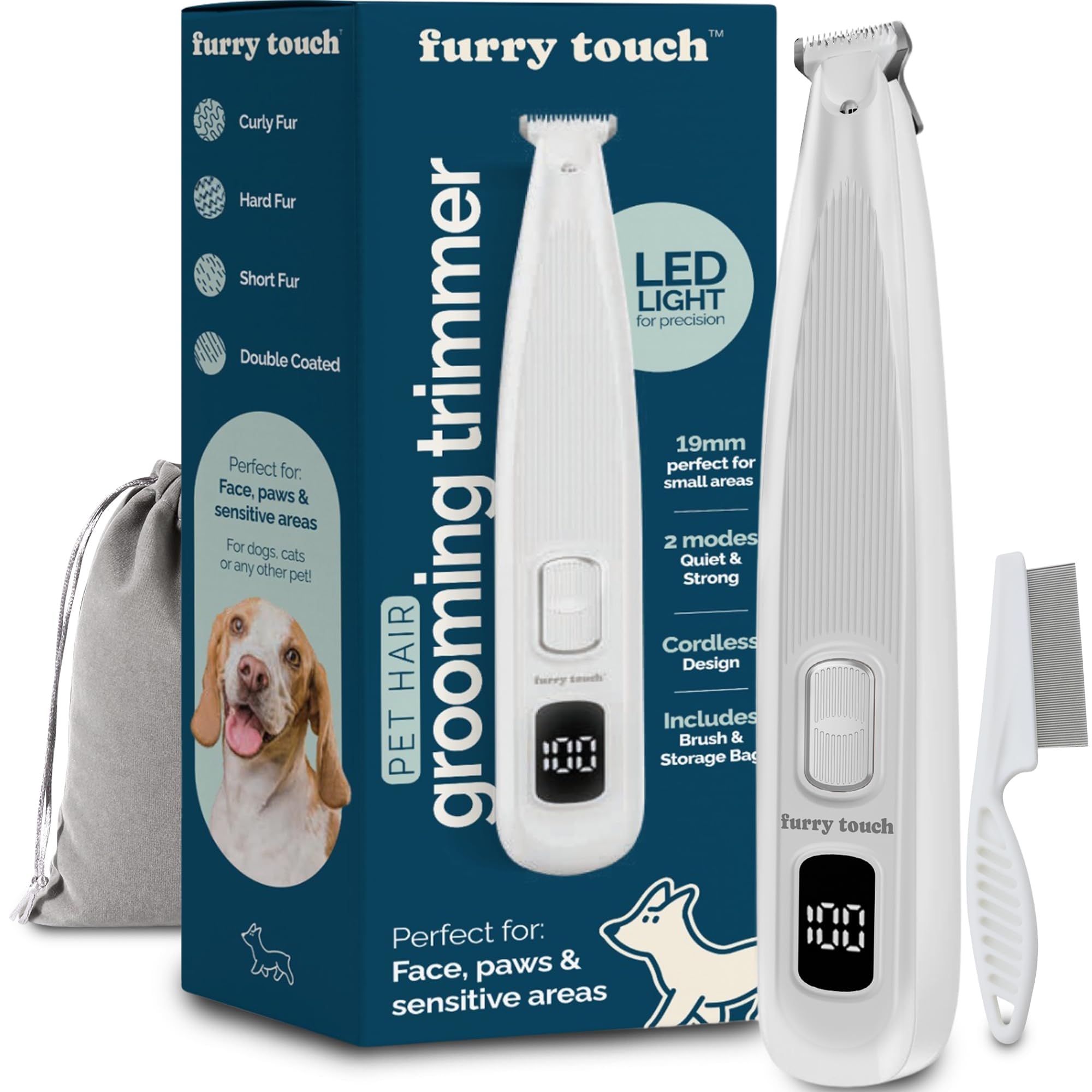 Furry Touch Dog Paw Trimmer - Electric Cordless Pet Clippers for Dogs & Cats - Quiet Dual-Speed Groomer with Pet-Safe Blade for 