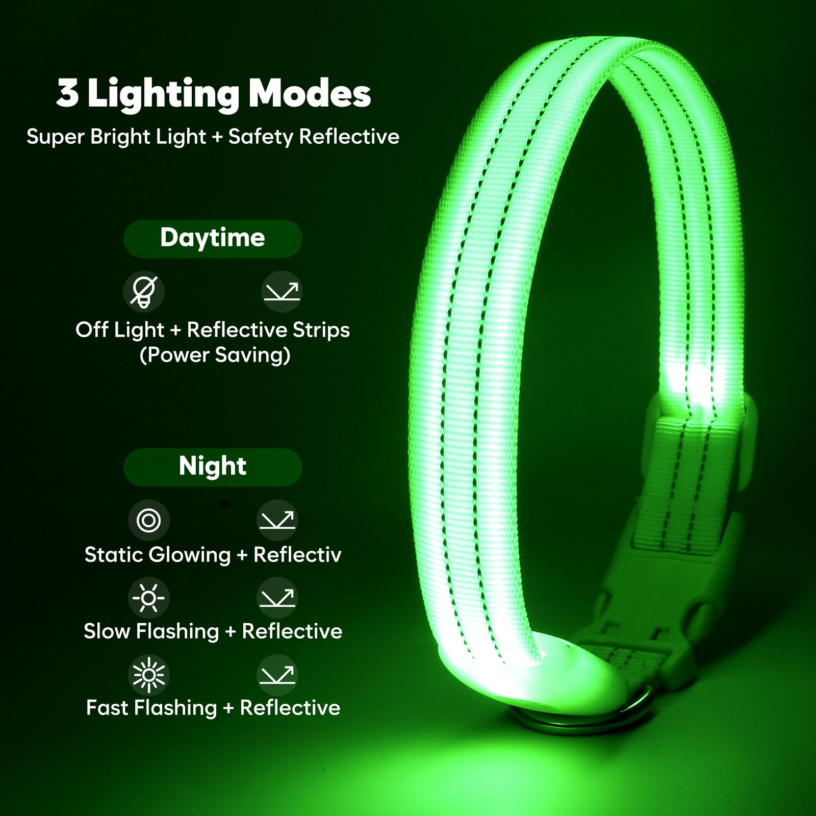 Led Lighted Reflective Dog Collar For Night Safety, Usb Rechargeable, Glow Collar For Dogs, Waterproof Adjustable Flashing (Gree