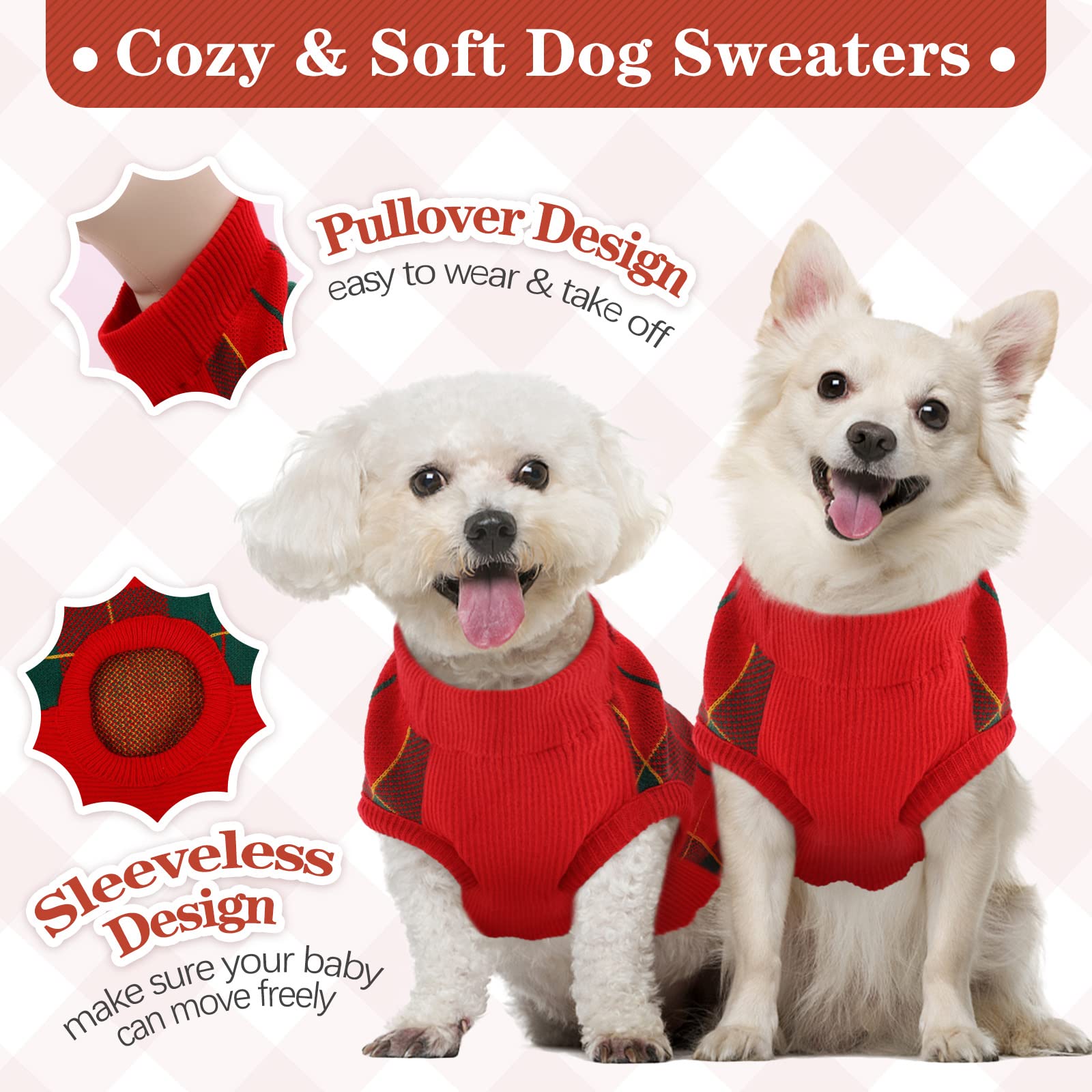 Kuoser Dog Sweater Pullover Knitwear, Dog Christmas Sweaters Classic Plaid Cable Knitted Wear, Dog Turtleneck Puppy Cold Weather Clothes For Small Medium Dogs