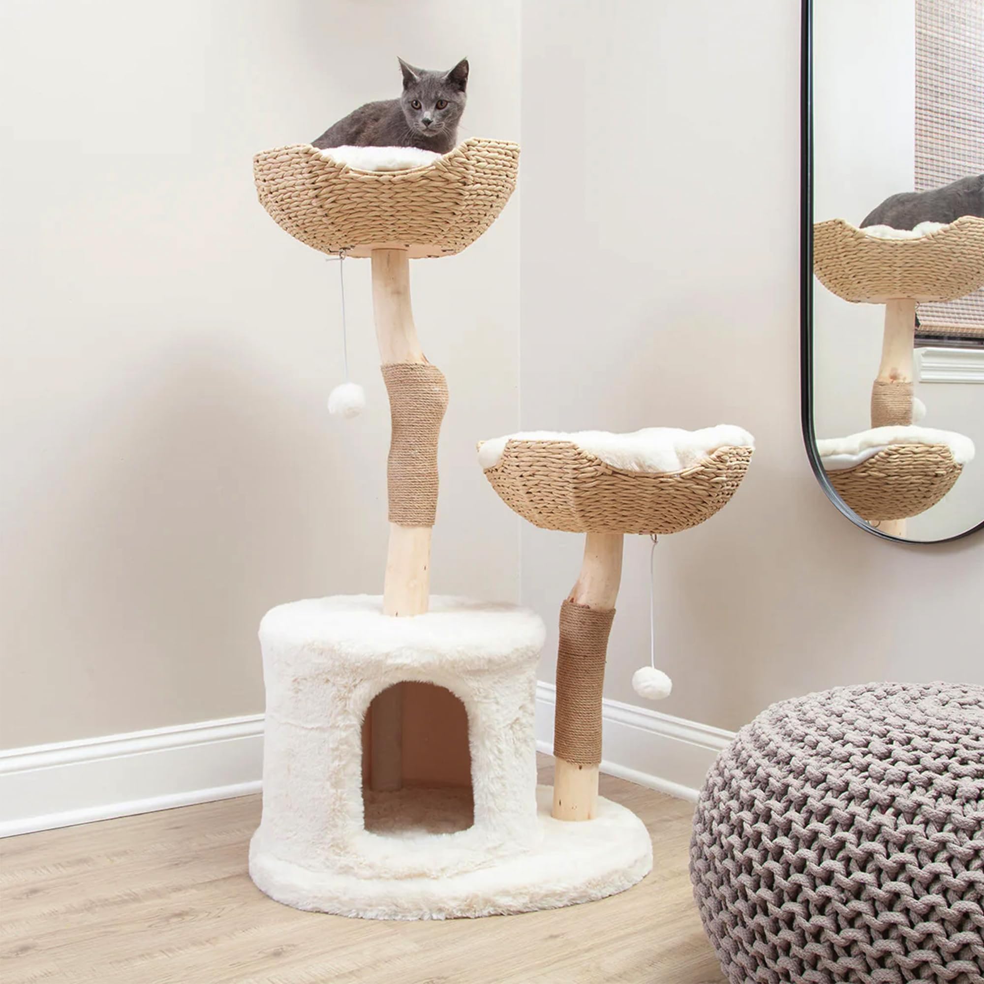 Habitat Haven The Bungalow Cat Tree - Luxury Cat Condo, Large Modern Indoor Tower With 2 Faux Fur Beds, Scratching Posts, Toys,