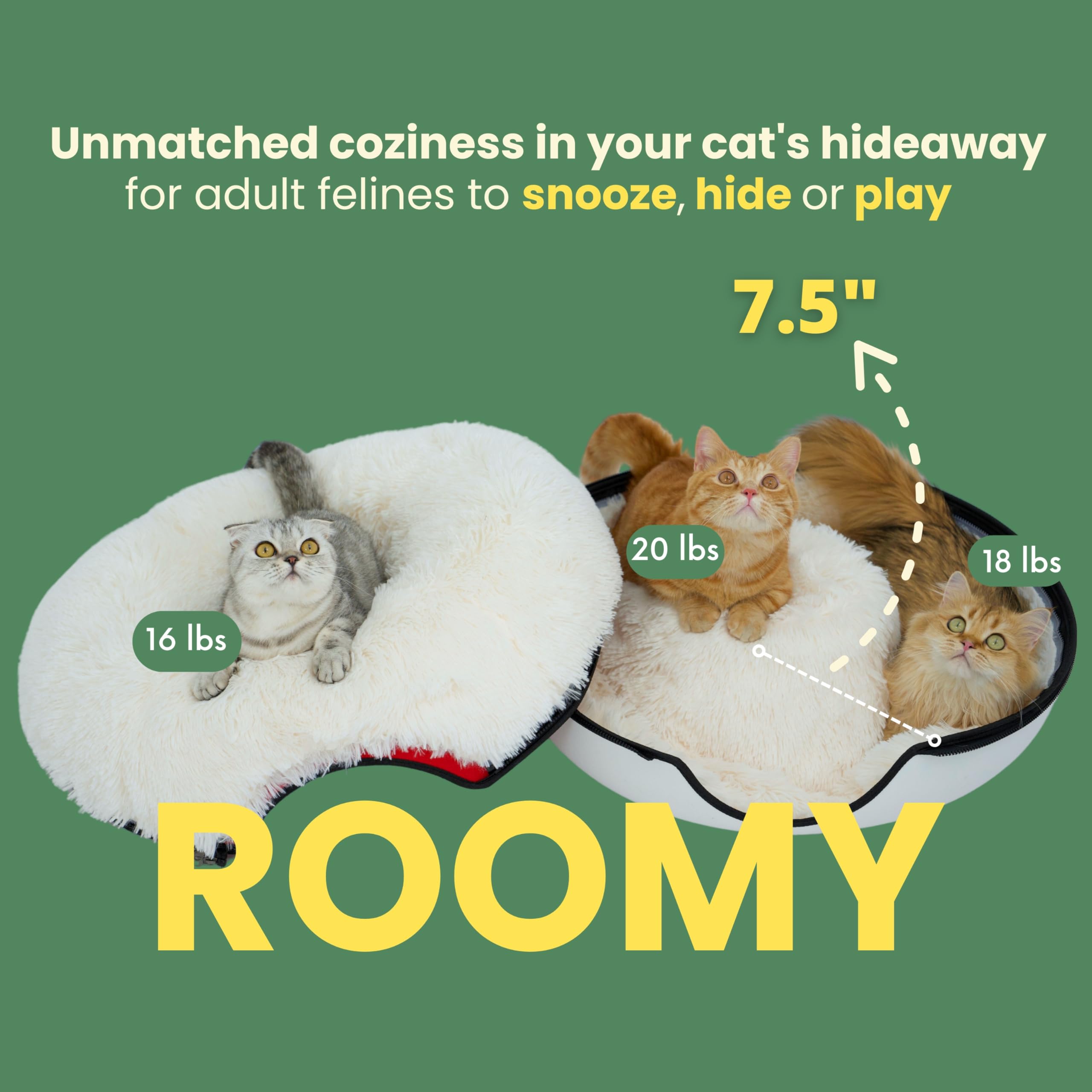 Cattasaurus Peekaboo Cat Cave For Multiple & Large Cats Up To 30-45 Lbs, Fluffy Cat Beds & Furniture, Scratch Detachable & Washa