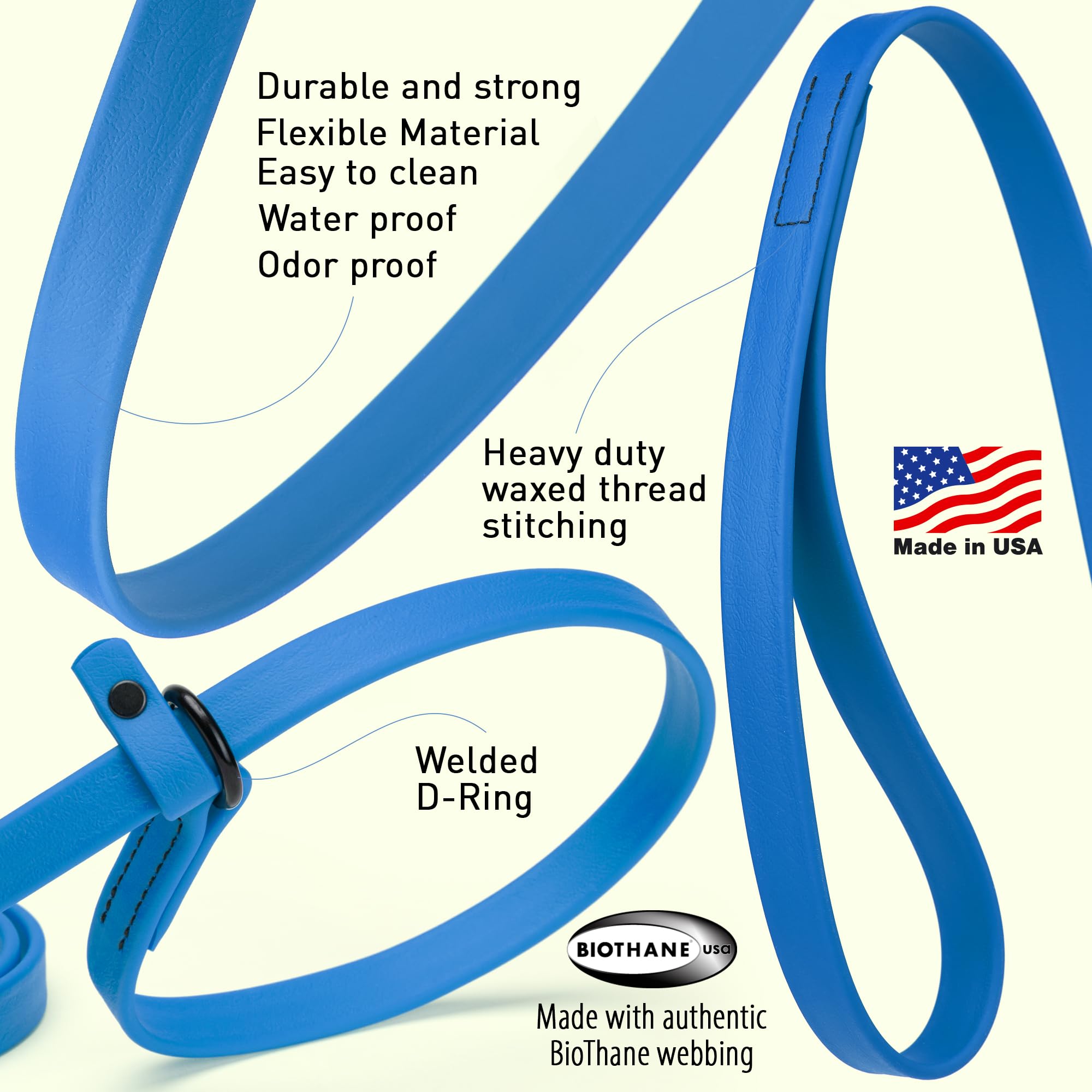 Dogline Biothane Slip Dog Leash - For Small, Medium And Large Dogs - Odor Free Slip Lead, Heavy Duty And Durable Material Kennel Lead - Cerulean Blue - 7Ft L X 1/2In W