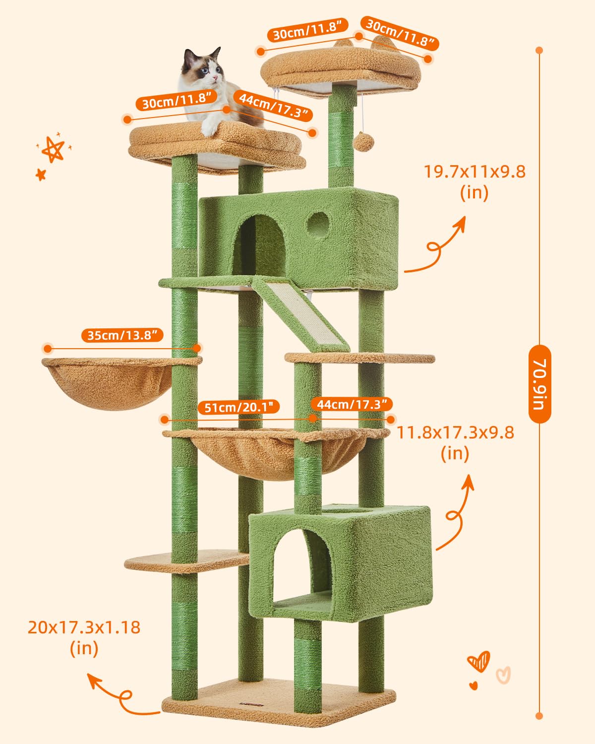Taoqimiao Cactus Cat Tree, 71-Inch Cat Tower for Indoor Cats Large Adult, Multi-Level Large Cat Condo, 8 Sisal Scratching Posts,