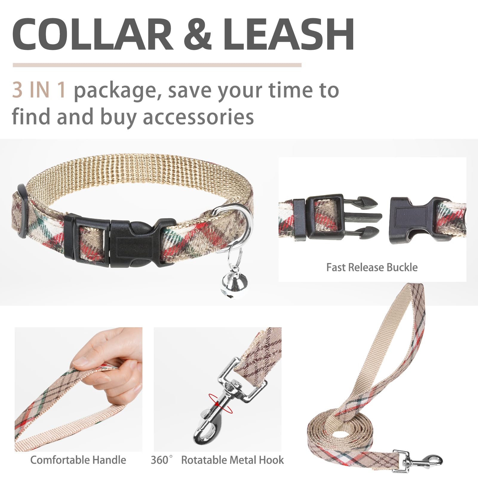 Pupteck Adjustable Dog Harness Collar And Leash Set Step In No Pull Pet Harness For Small Medium Dogs Puppy And Cats Outdoor Walking Running, Soft Mesh Padded Reflective Vest Harnesses, Khaki Xs