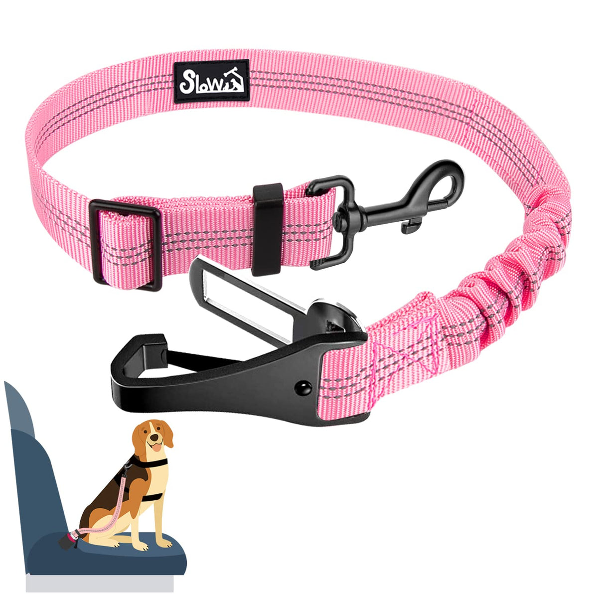 Slowton Dog Seat Belt, Adjustable Dog Safety Belt Leash, 2 In 1 Latch Bar Attachment Dog Car Seatbelt With Elastic Nylon Bungee Buffer, Reflective Nylon Belt Tether Connect To Dog Harness(Pink,35.5In)