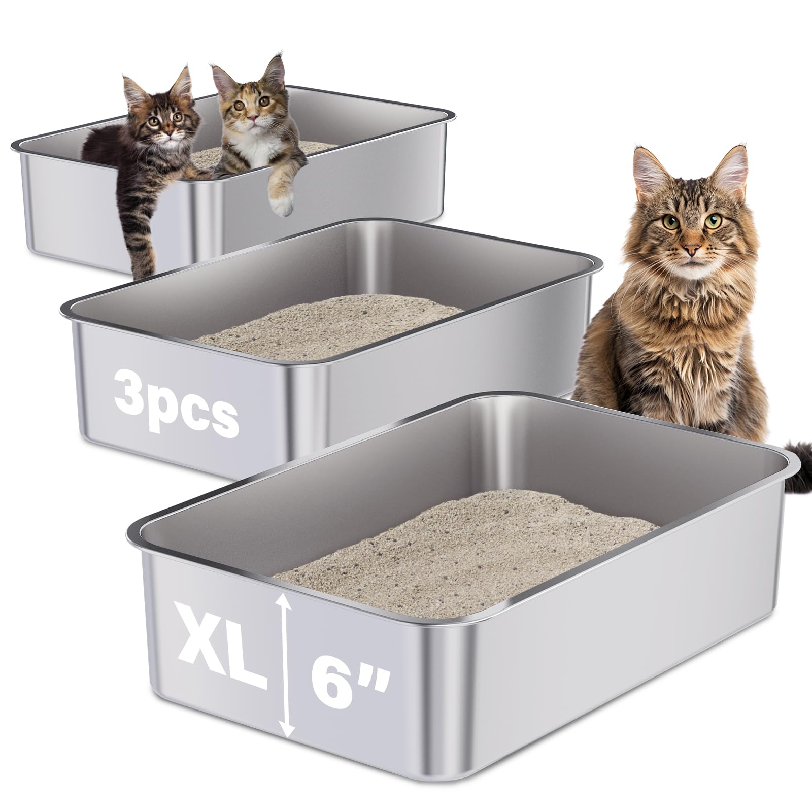 Holintan Stainless Steel Litter Box 3 Pack, 23.6'' X 15.7'' X 6'' Extra Large Cat Litterbox No Smell, Xl Metal Litter Box For Bi