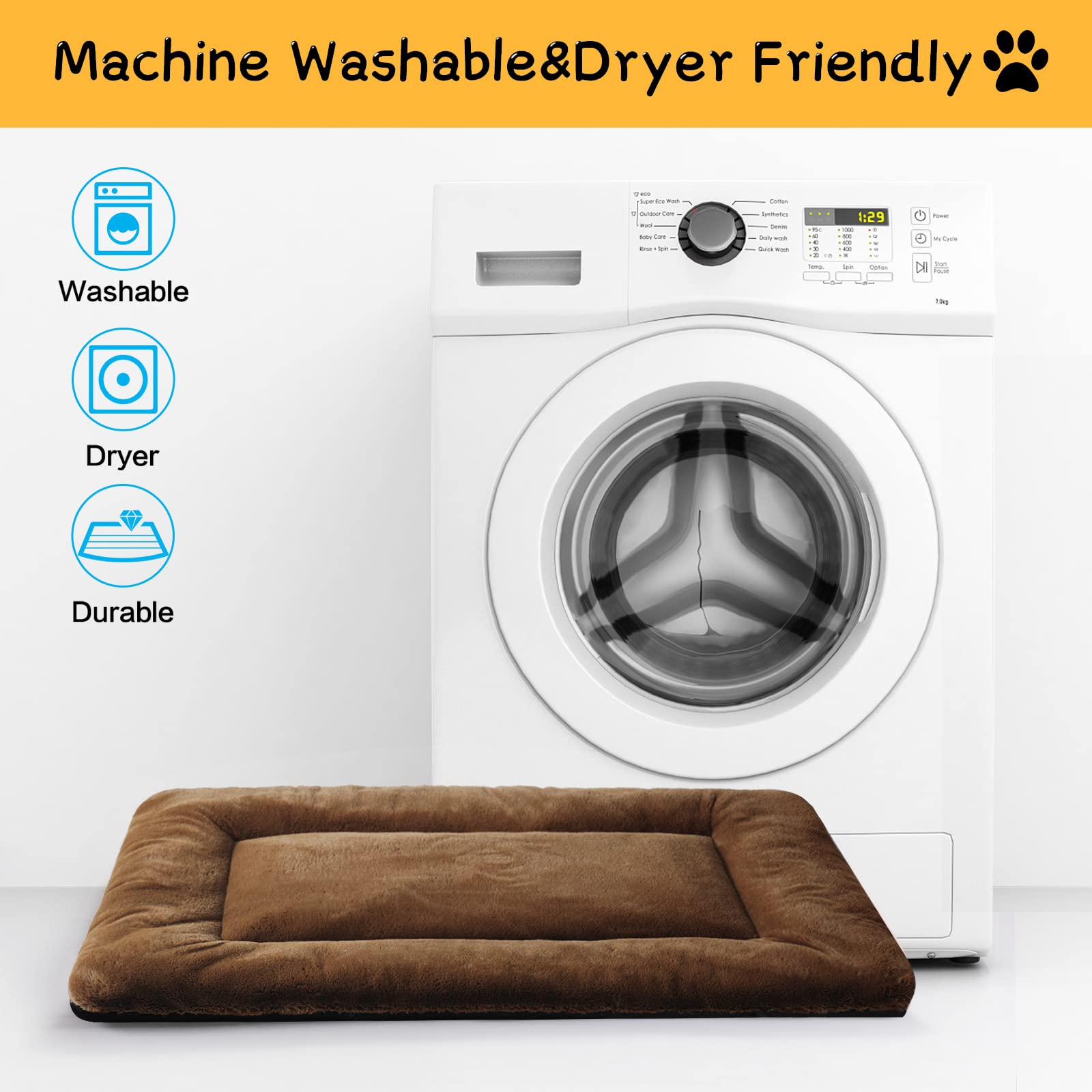 VERZEY Dog Bed - Ultra Soft Faux Fur Crate Pad for Medium Dogs, 30" x 19", Brown, Machine Washable, Anti-Slip