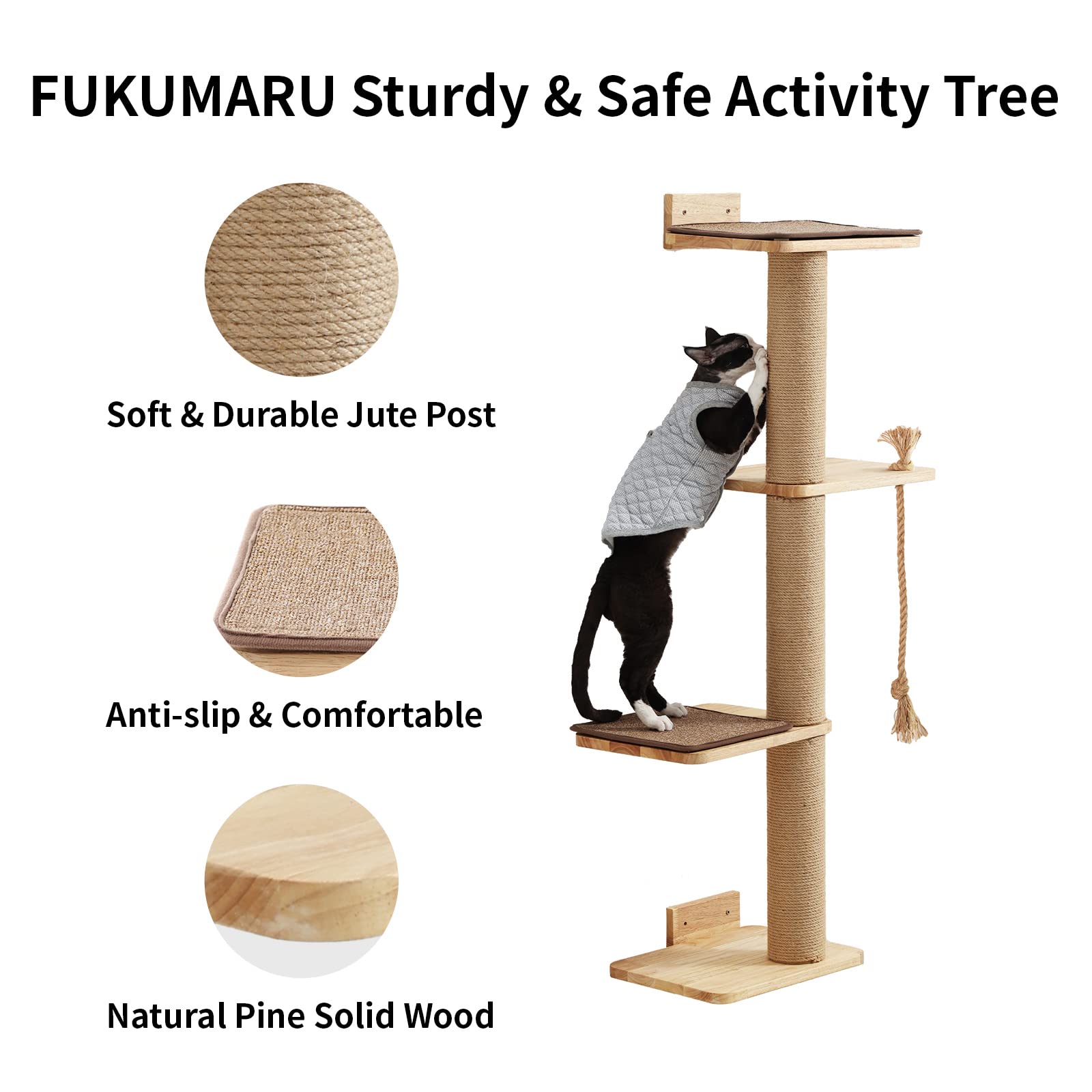 Fukumaru Cat Scratching Activity Tree Wall Mounted, 50 Inch Scratch Post For Large Cats, Kittens With Cat Bed, Rubber Wood, Large