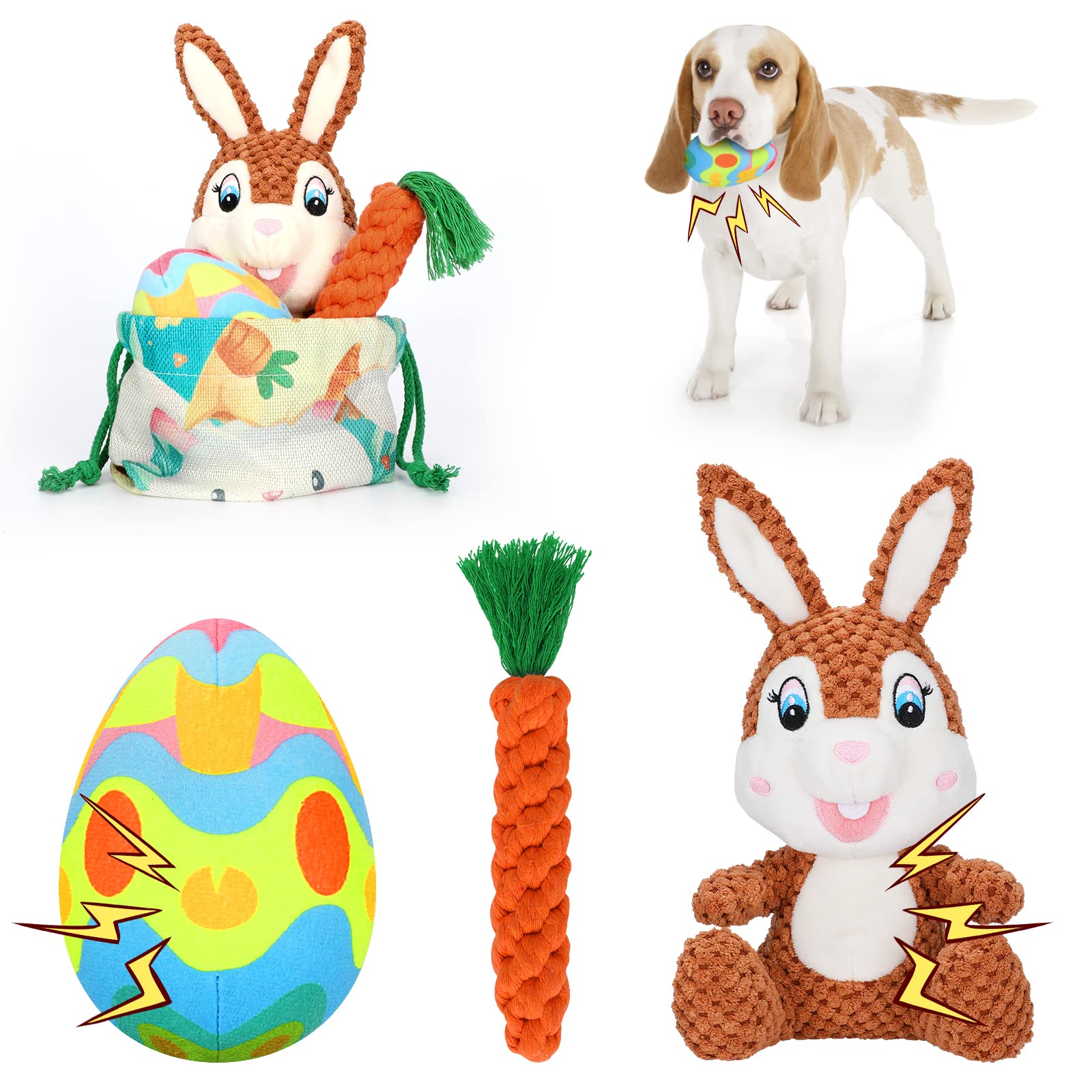 Bwogue 4Pcs Easter Dog Toy Kit, Plush Easter Bunny Egg Dog Toy With Squeaker And Crinkle Paper, Stuffed Animal Chew Toys Carrot 
