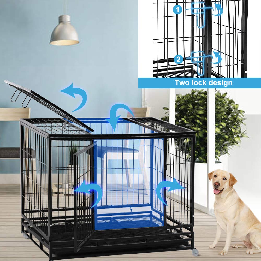 Dog Cage Crate Heavy Duty Sturdy Metal 48/42/36' Large Pet Dog Kennel Fence For Training, Indoor And Outdoor Dog Fence With Lockable Wheels And Plastic Tray And Double Door And Lock Design,Black