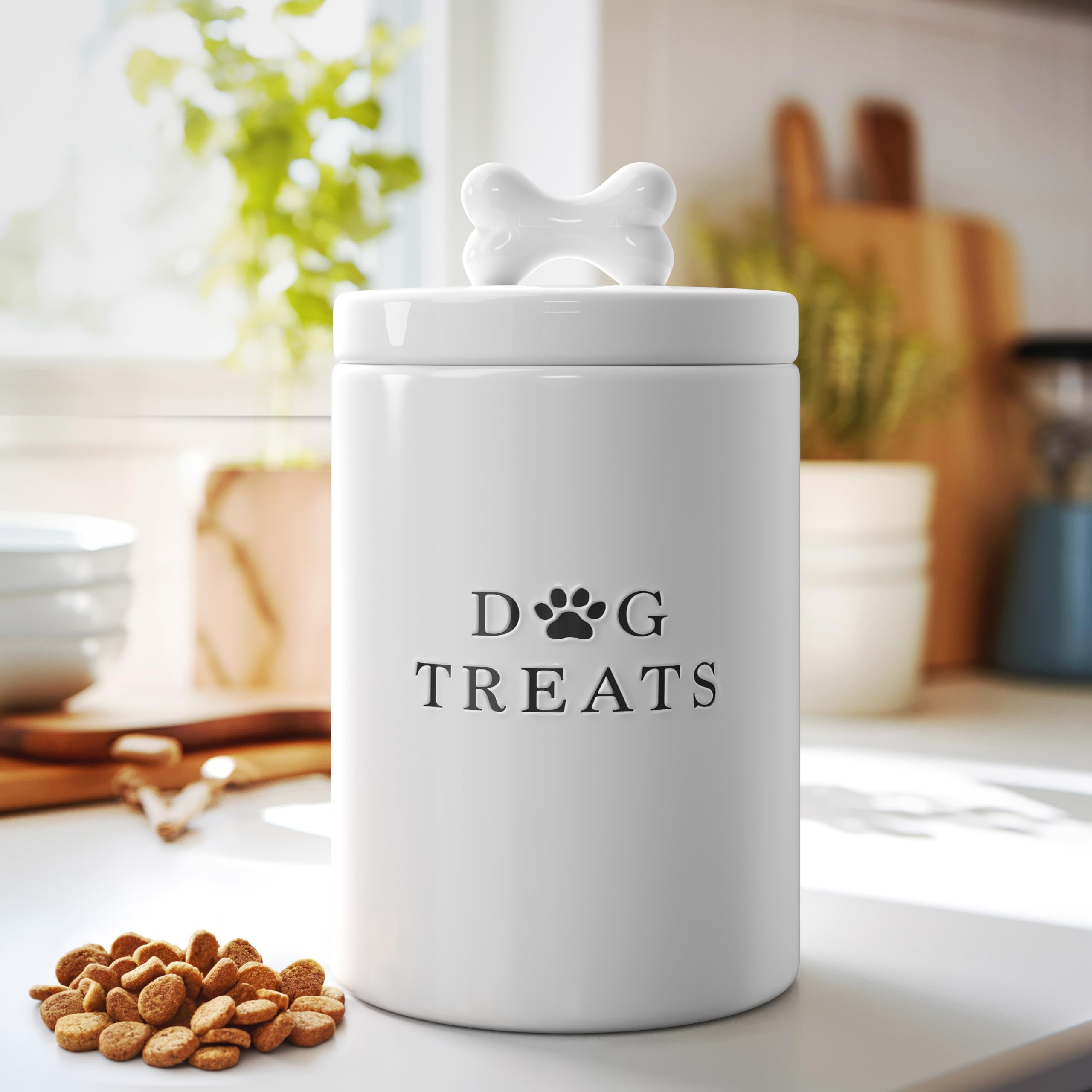 Barnyard Designs Large Dog Treat Container Airtight with Lid, Cute Rustic Ceramic Dog Treat Storage Jar for Kitchen Counter (Whi
