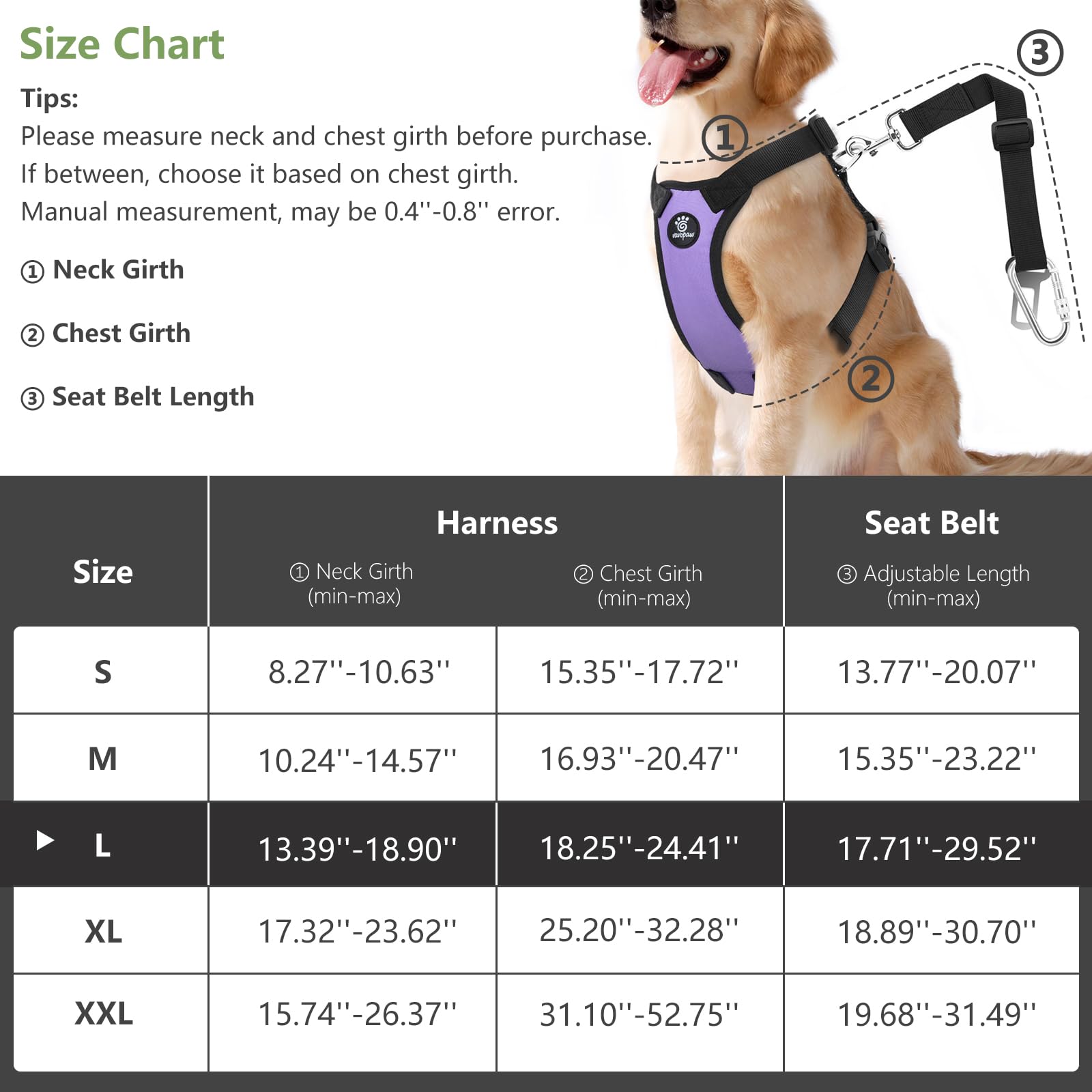 VavoPaw Dog Vehicle Safety Vest Harness, Adjustable Mesh, Large, Purple, Includes Travel Strap and Carabiner for Most Cars