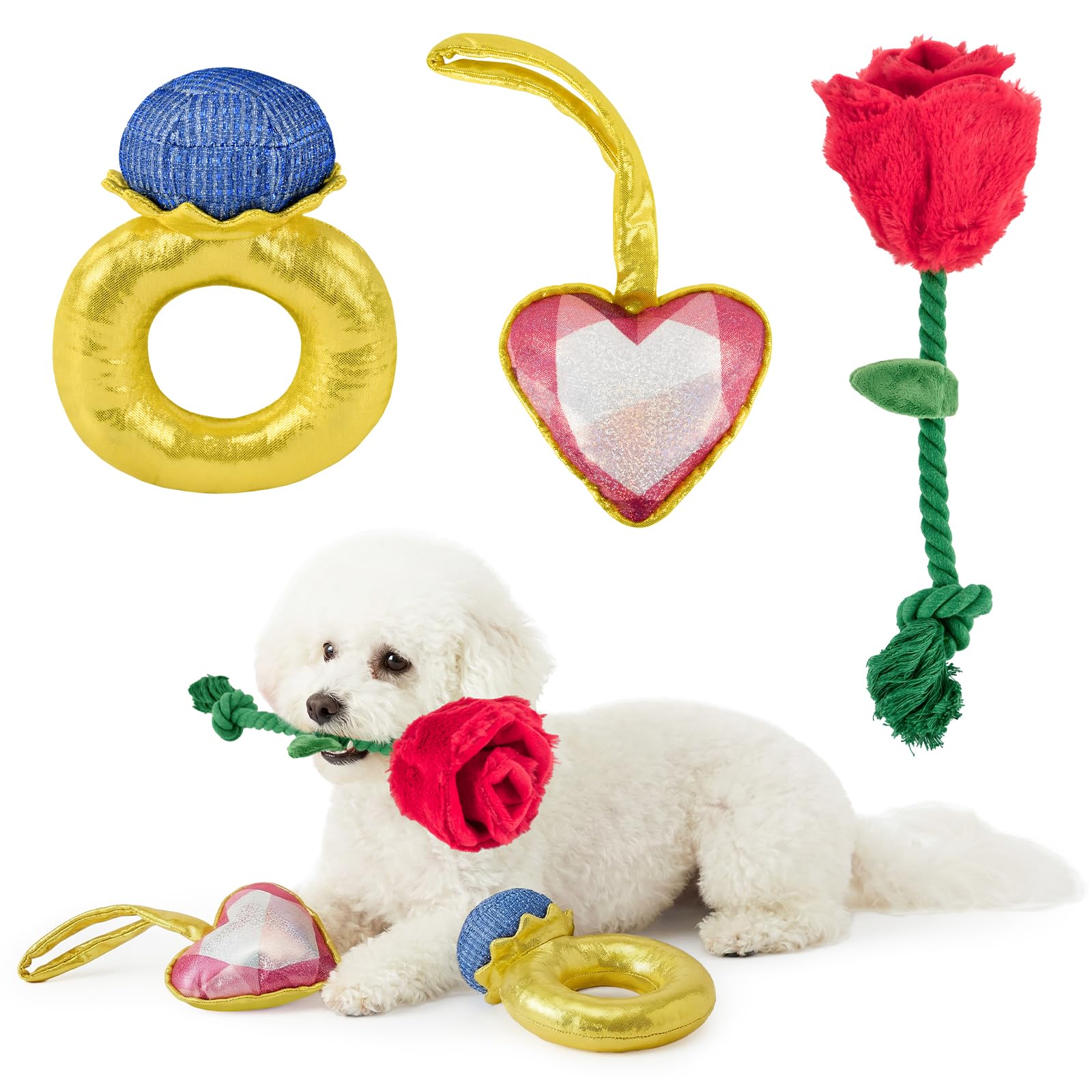 Vehomy Mother's Day Dog Toys Set- Puppy Diamond Ring Toy with Squeaker Dog Crinkle Rose & Squeaky Love Heart Toys 3-Pack Valenti