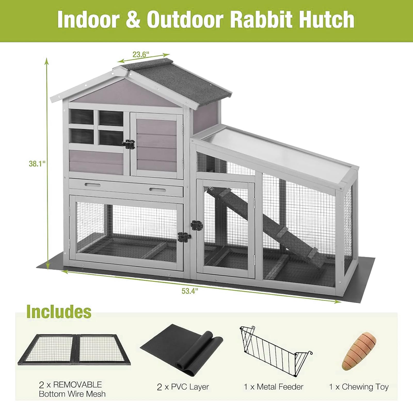 GUTINNEEN Chicken Coop with Run Outdoor Rabbit Hutch Indoor with Metal Floor Grid and PVC Leak-Proof Bottom, Wooden Small Bunny