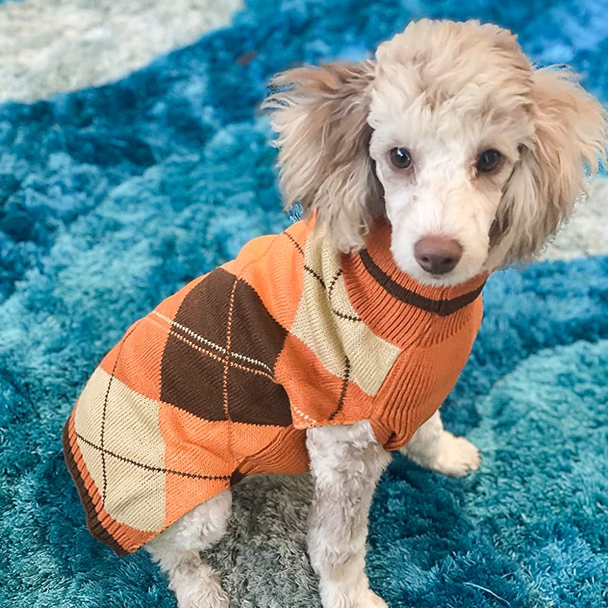 KOOLTAIL Dog Sweater Pet Knitted Clothes - Classic Plaid Pullover Turtleneck Fall Thanksgiving Dog Sweaters with Leash Hole, Thi
