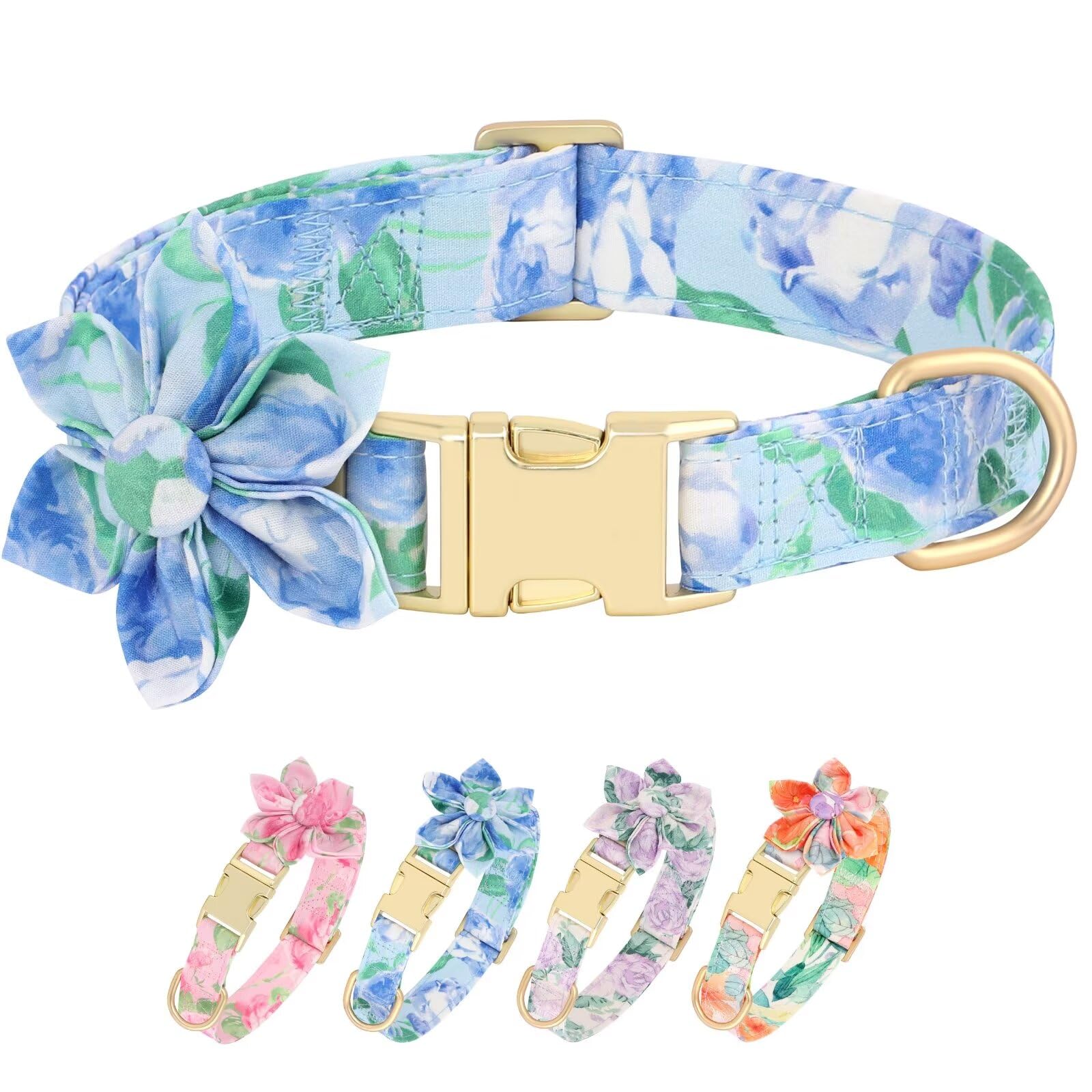 Beirui Cute Girl Dog Collars for Female Dogs, Floral Dog Collar with Spring Flower Patterns, Soft Blue Pet Collars for Small Med