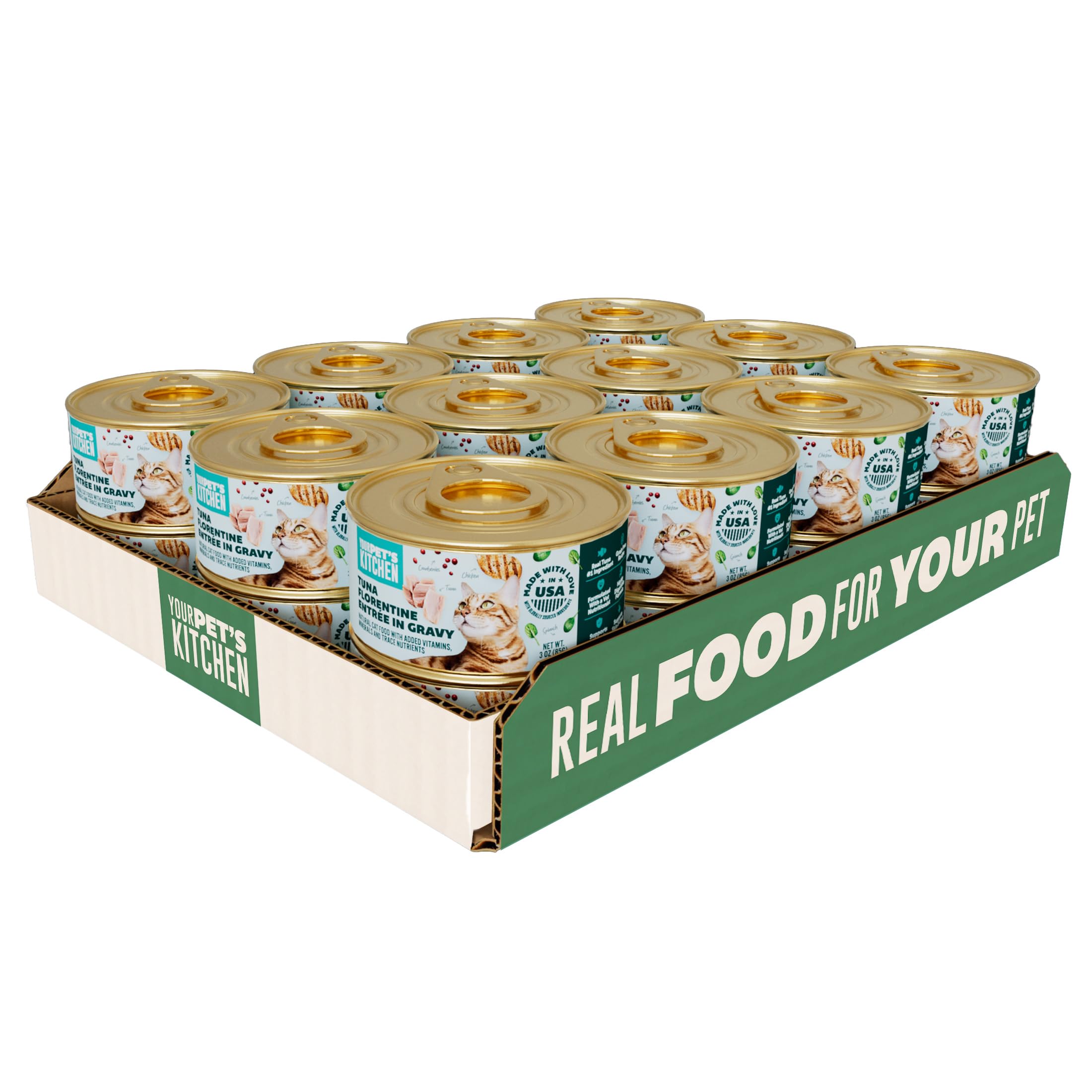 Your Pets Kitchen Canned Wet Cat Food, Tuna Florentine Entr  e in Gravy - 3 oz Cans (Pack of 24), Made in The USA with Real Tun