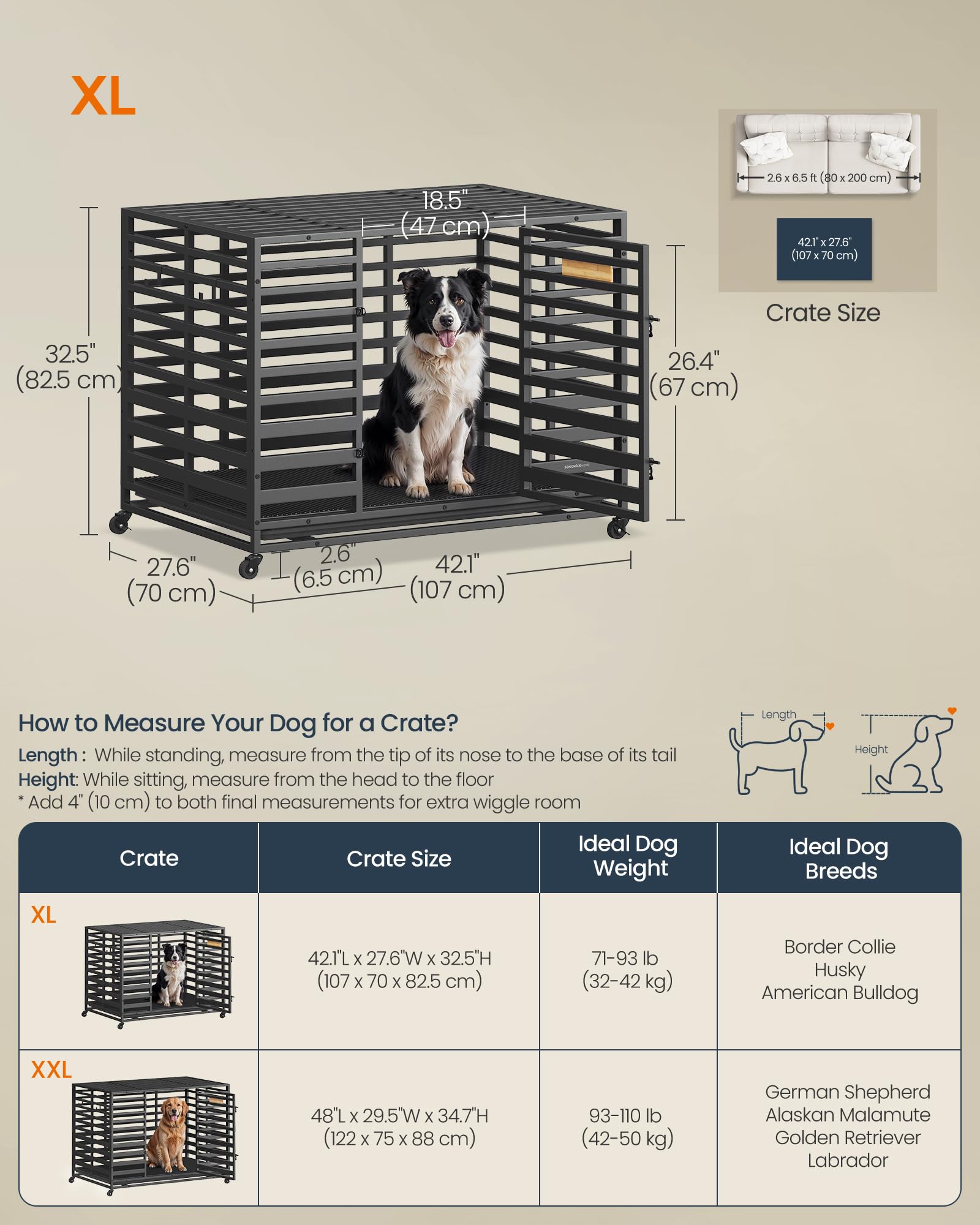Songmics Home Heavy-Duty Dog Crate, Xl Dog Cage For Large Dogs, Indoor Expandable Dog Kennel, Removable Tray And Door, Lockable