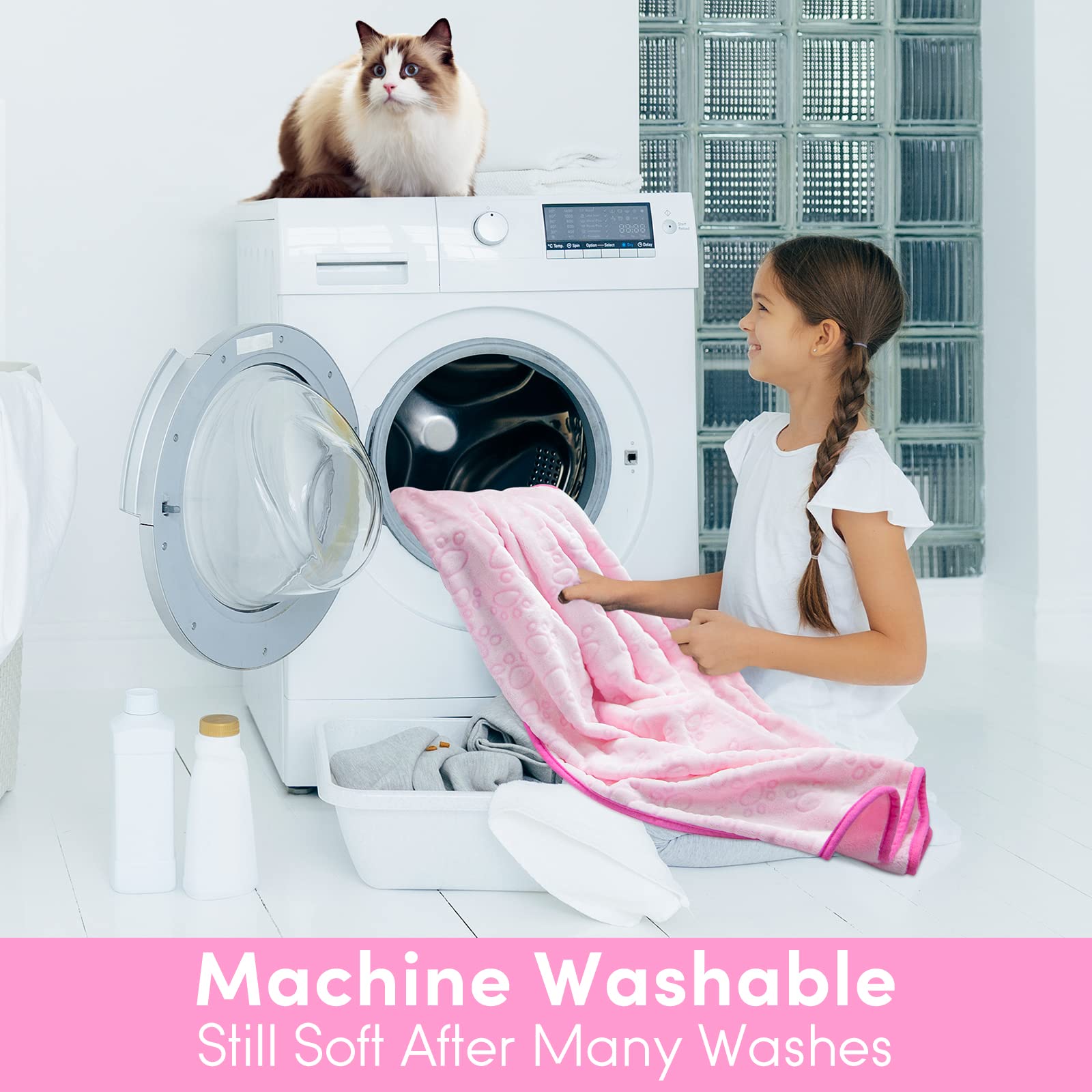 Stuffed Premium Soft Cat Blanket, With Flannel Pink Cute Paw Print, 43 * 66 Inches