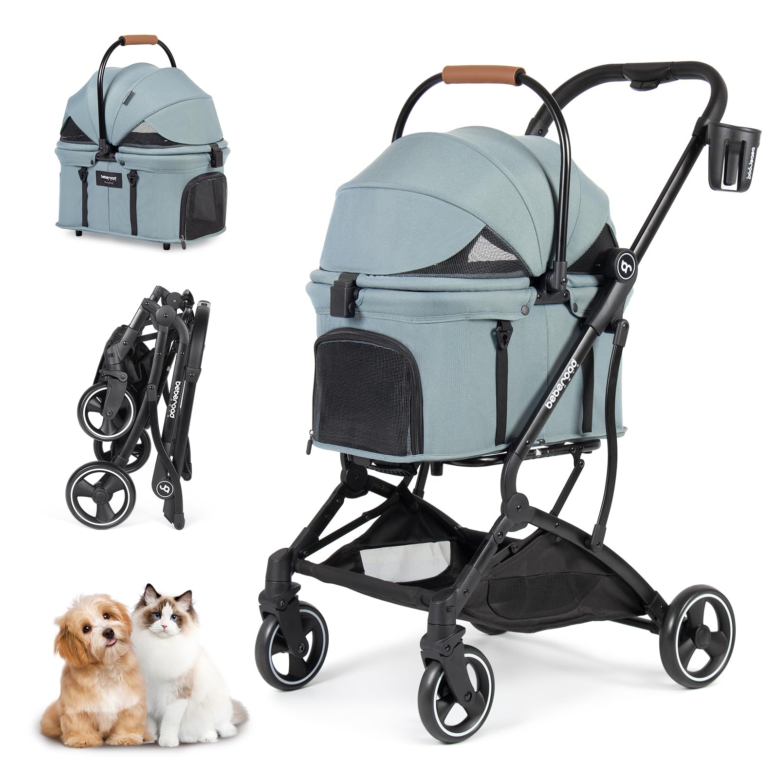 Beberoad Pets T3 3 In 1 Small Pet Stroller For Dog & Cats, 4 Wheels With Detachable Carrier With Pad, Canopy And Cup Holder, Gre