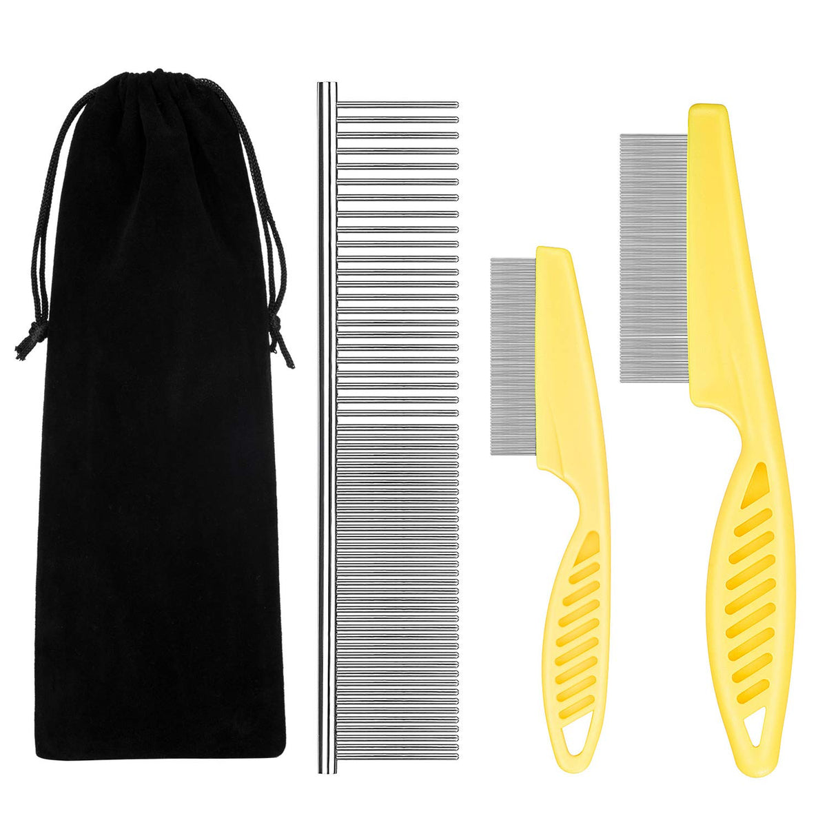 Benseao Flea Comb For Cats Dog Comb Lice Comb Metal Teeth Durable Tear Stain Dog Combs Remove Float Hair Combing Tangled Hair Dandruff Pet Comb Grooming Set 3 Pieces Add Storage Pouch (Yellow)