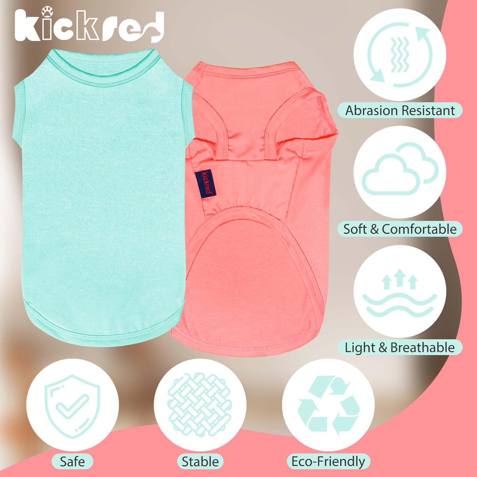 Kickred 2-Piece Dog Shirts, Soft & Cool Tank Top, Breathable Pet Apparel, Summer Sleeveless Sweatshirt For Medium-Large Pets - L