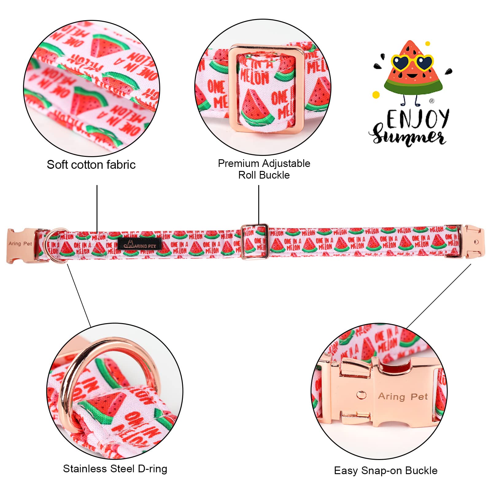 ARING PET Summer Dog Collar-Pink Watermelon Dog Collar with Bow, Adjustable Cotton Bowtie Dog Collar Pet Collars with Metal Buck