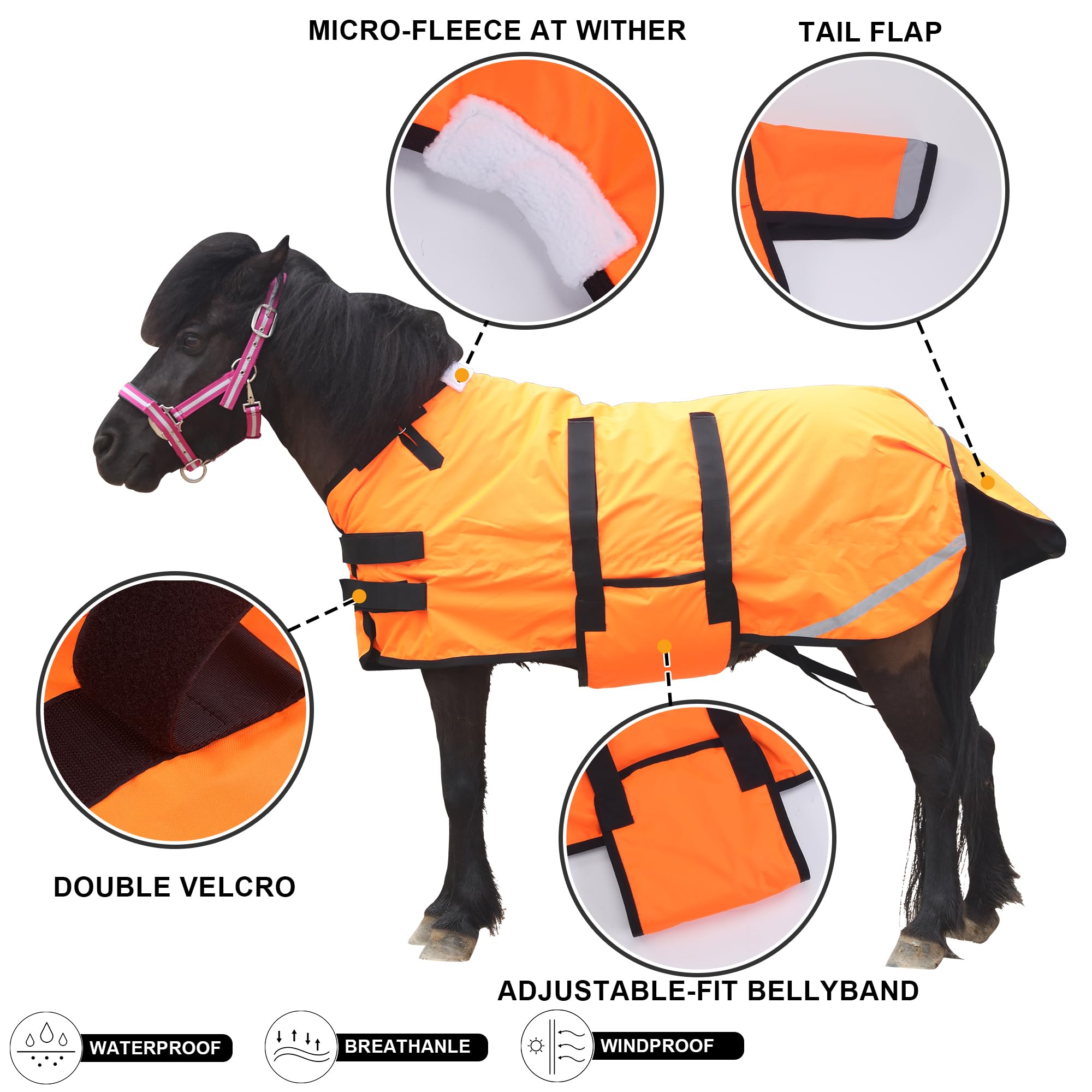 Gallopoff Foal/Mini Horse Size 30''-48'' Waterproof & Breathable 300 Denier Winter Turnout Blanket With 150G Polyfill Orange Med
