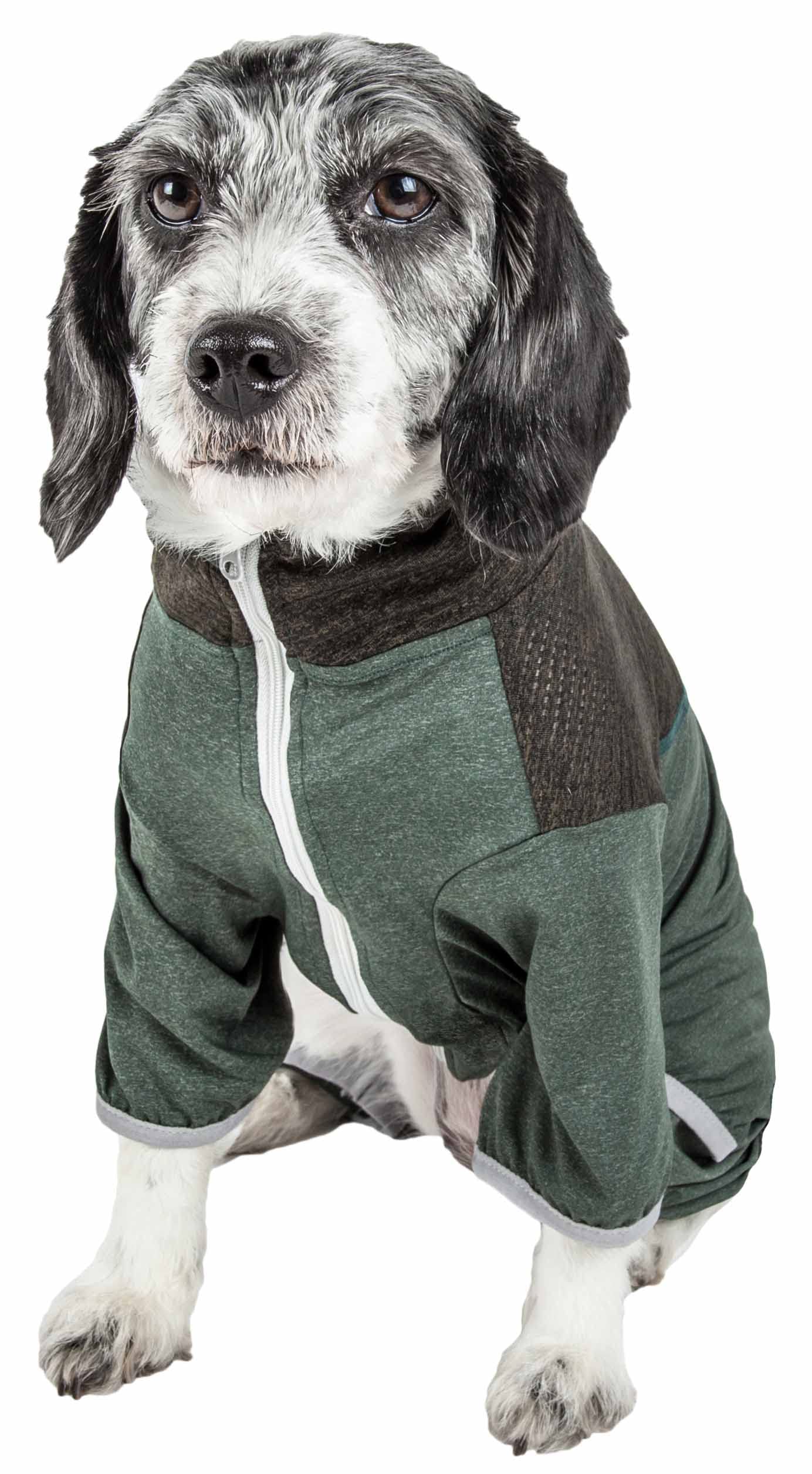Pet Life ?Active 'Embarker' Heathered Performance 4-Way Stretch Two-Toned Full Body Warm Up, Small, Green