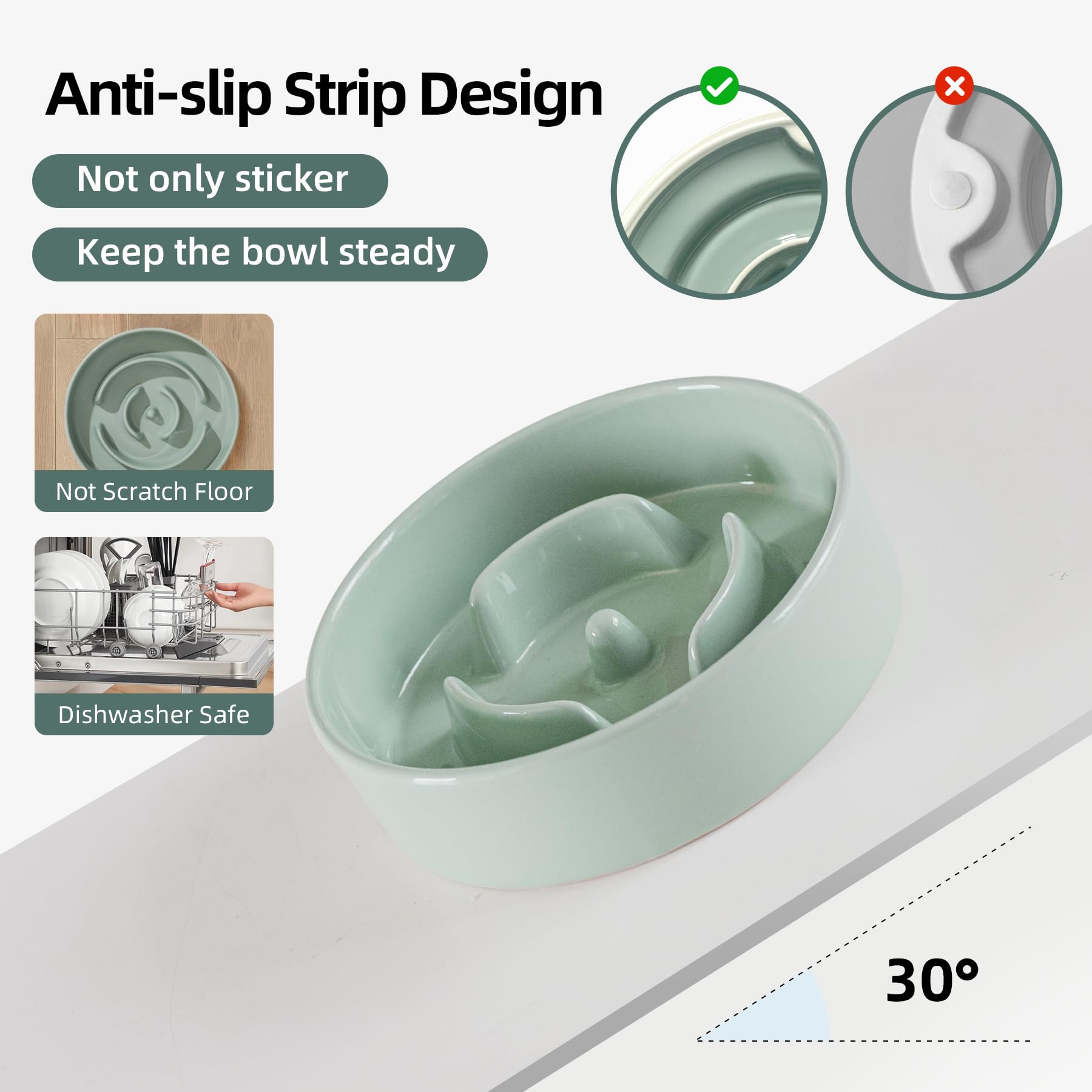 Havniva 6.1Inch Ceramic Dog Bowl Slow Feeder For Small Dog, Pet Slow Feeder, Stop Bloat, Preventing Choking(Single Bowl-Light Gr