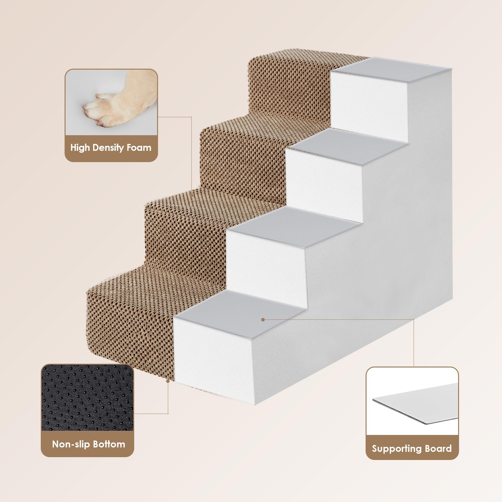 Eheyciga Dog Stairs For Bed 18”H, 4-Step Dog Steps For High Bed, Pet Steps For Small Dogs And Cats, Non-Slip Balanced Dog Indoor Ramp, Camel