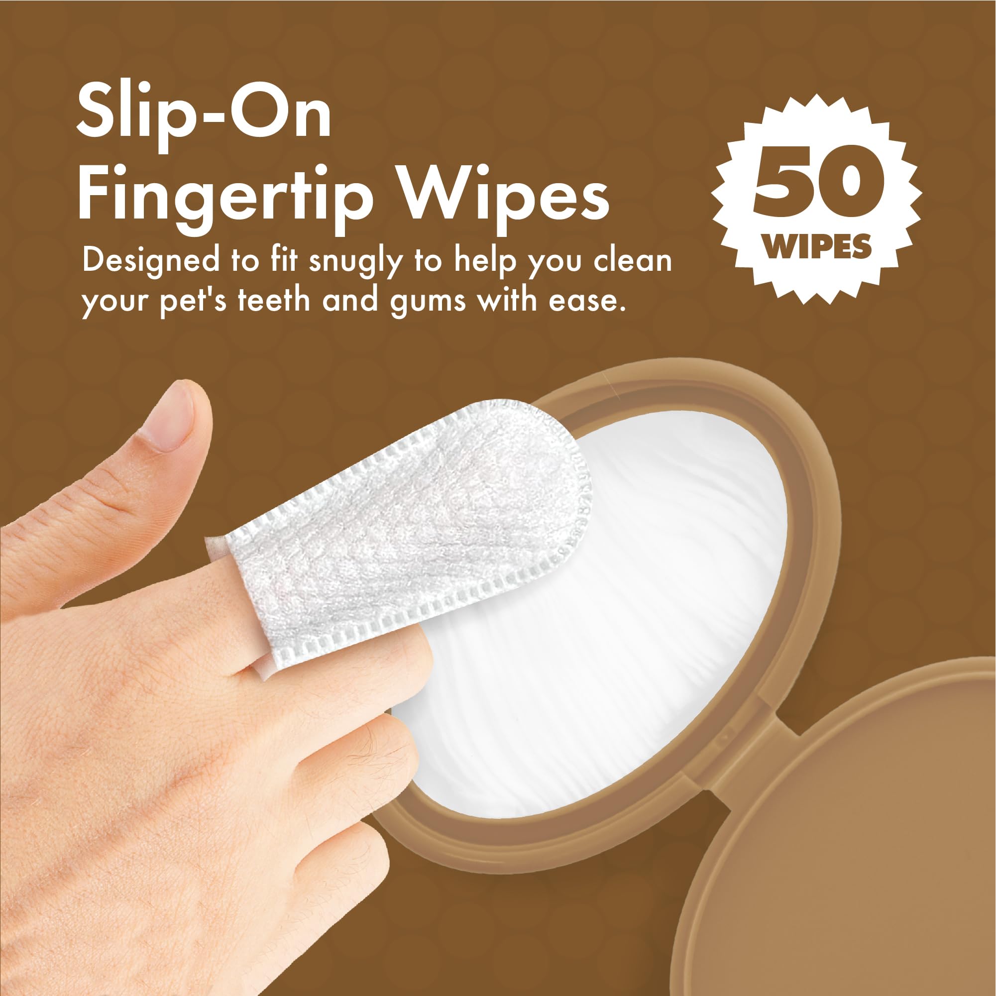 Petkin Fingertip Tooth Wipes for Dogs and Cats, 50 Finger Wipes - Slip-On, Snug Fit, Micro-Bristle Fabric - Cleans Teeth, Gums,