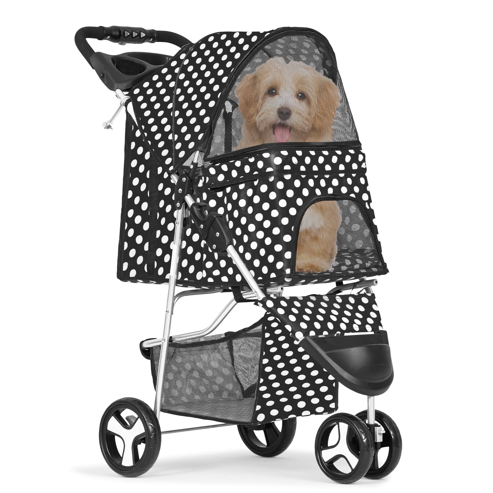 Monibloom 3 Wheels Pet Dog Cat Stroller For Small Medium Dogs Cats, Foldable Jogger Stroller W/Storage Basket And Cup Holder, Black Polka Dots
