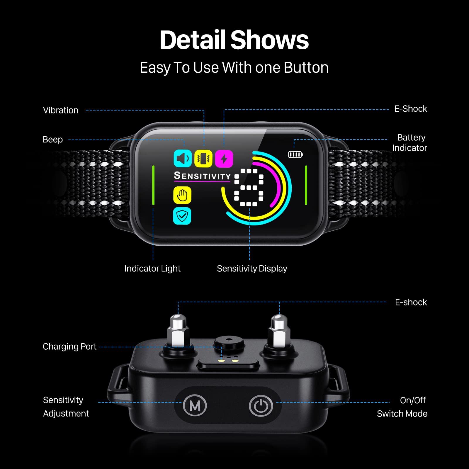 DINJOO Dog Bark Collar - Rechargeable Smart Anti-Barking Training Collar for Large, Medium & Small Dogs with 8 Sensitivity Levels - Black