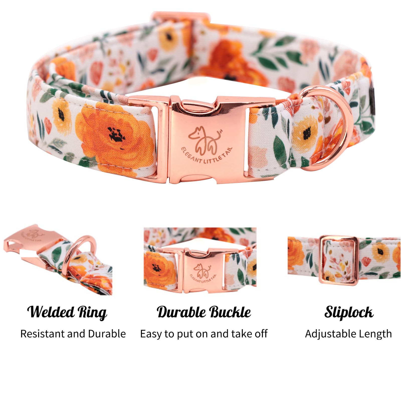 Elegant Little Tail Fall Dog Collar, Pet Collar Durable Orange Floral Dog Collars Male Or Female Holiday Pet Gift Adjustable Dog