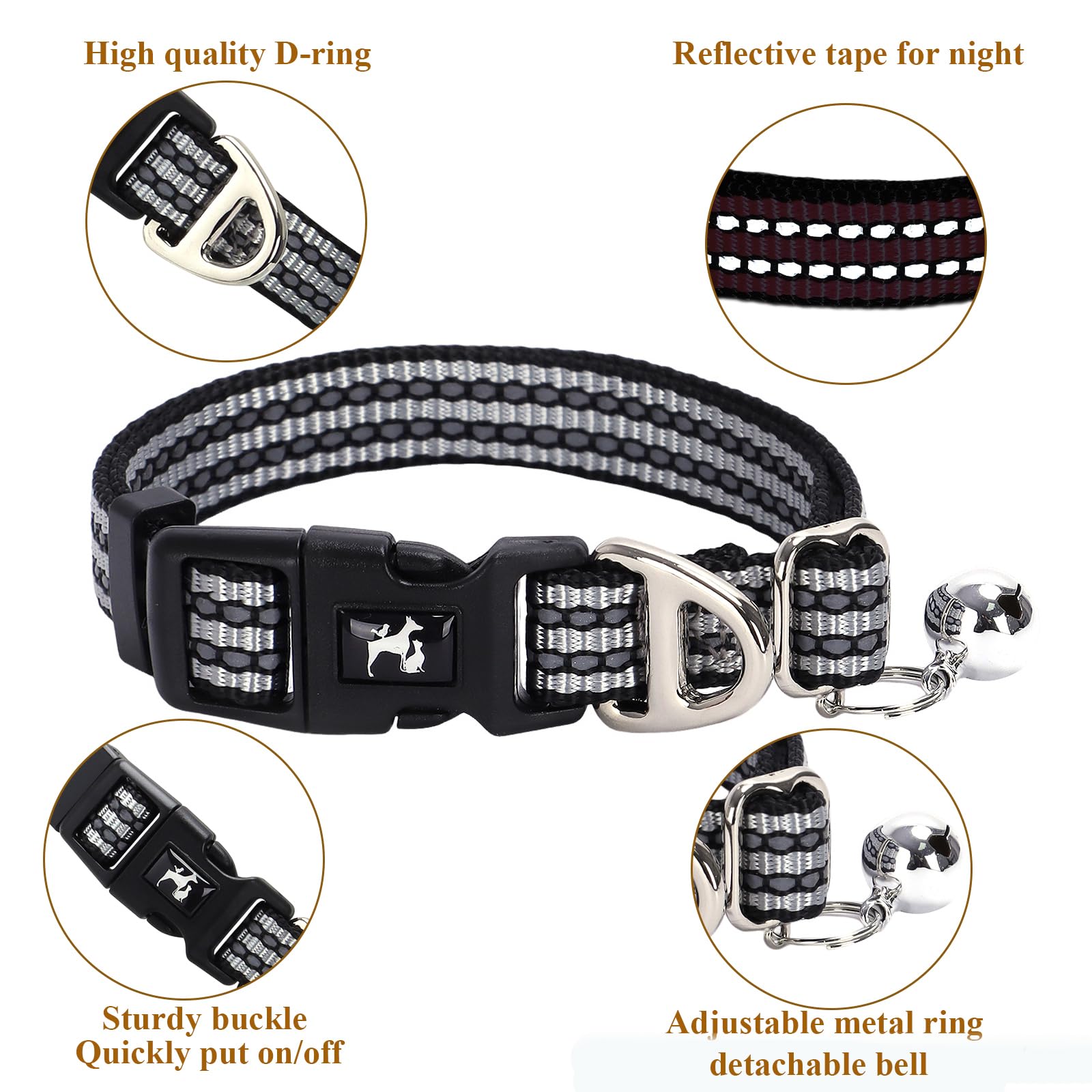 Onefojojo Reflective Dog And Cat Collar With Bell - Hypoallergenic Adjustable Puppy Collar For Small Pets, Soft Nylon Night Safe