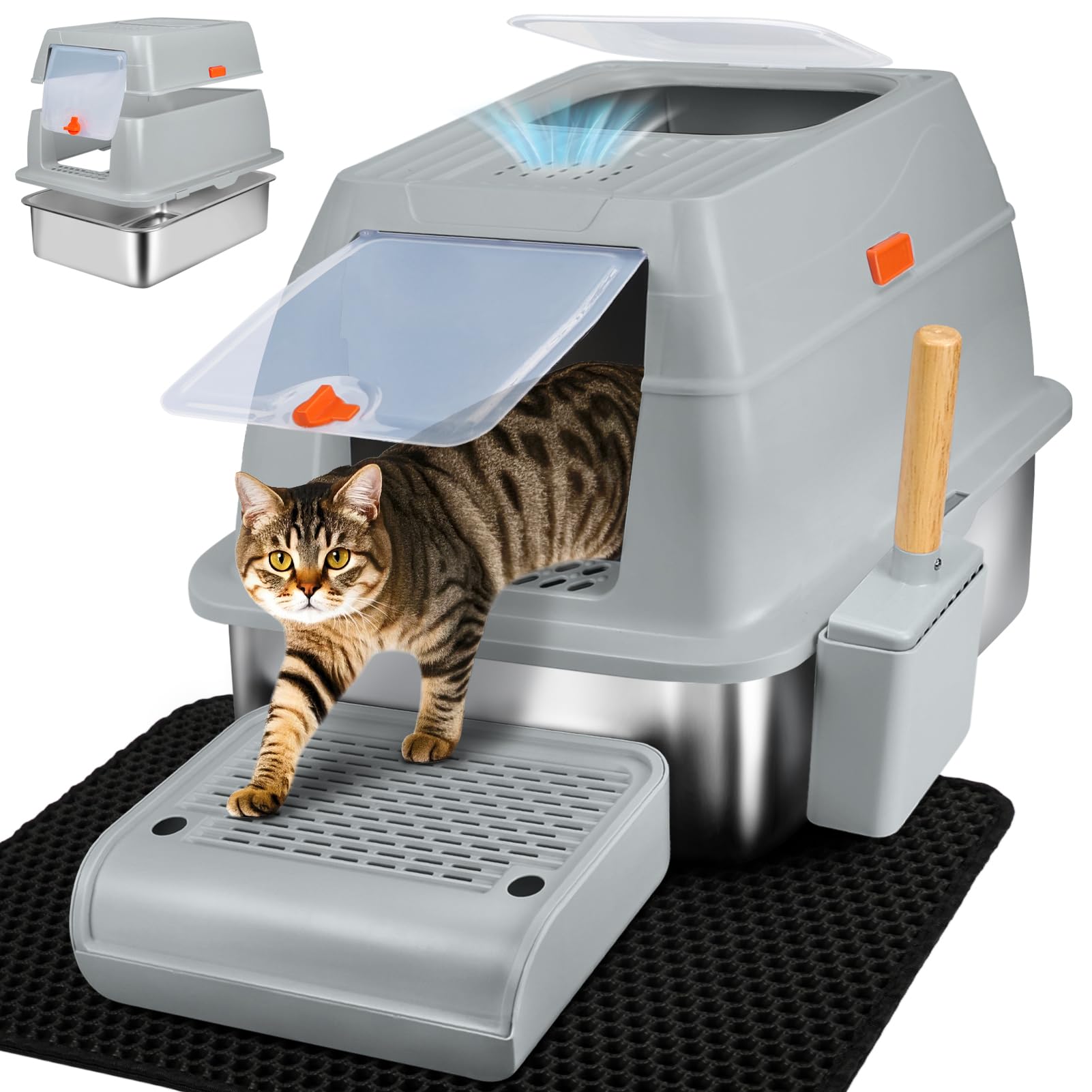 Szee Stainless Steel Litter Box, Xl Top Exit Enclosed Metal Cat Litter Box With Lid & Enclosure, Activated Charcoal Odor Control