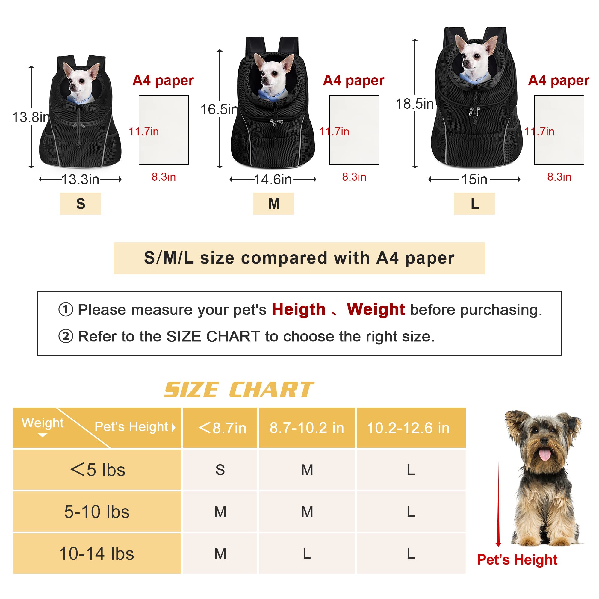Woyyho Pet Dog Carrier Backpack Puppy Dog Travel Carrier Front Pack Breathable Head-Out Backpack Carrier For Small Dogs Cats Rabbits (L (Up To 14 Lbs), All Black)
