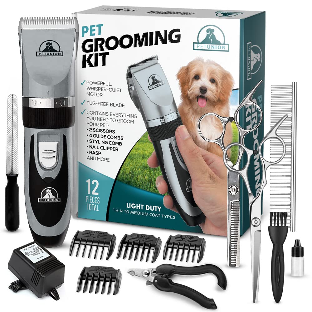 Pet Union Professional Dog Grooming Kit - Cordless Low Noise Dog Clippers For Grooming Thick Coats - All Pet Safe Cat Hair Trimmer - Pet Grooming Kit Includes Dog Hair Clippers, Nail Trimmer & Shears