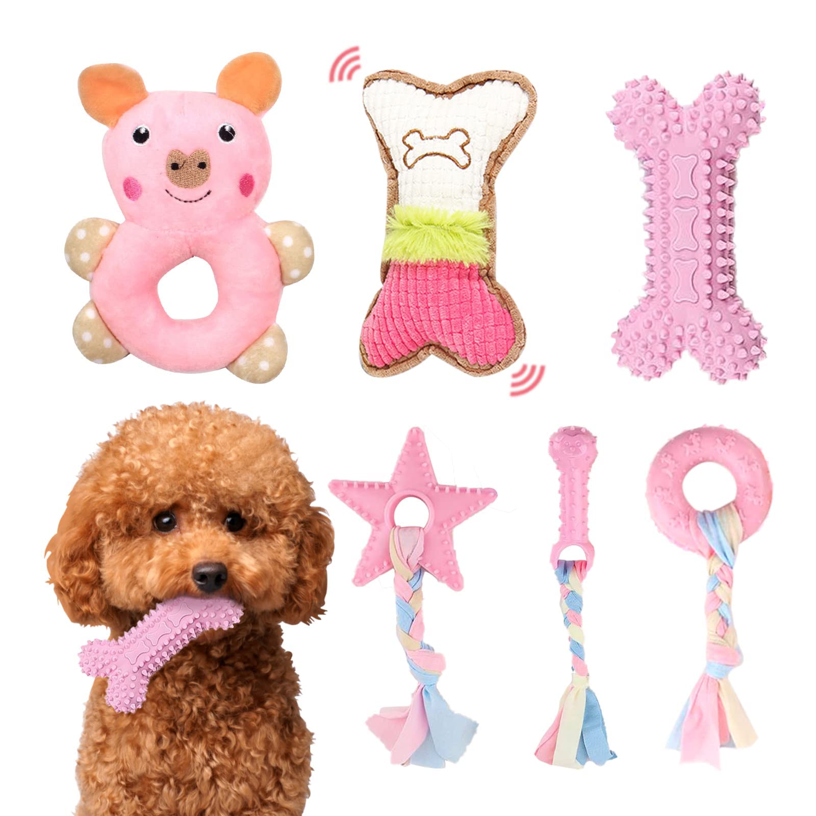 XGDMEIL 6 Pack Puppy Toys for Teething Small Dogs, Cute Pink Dog Chew Toys for Puppies, Soft Squeaky Dog Toys for Small Breed Cl