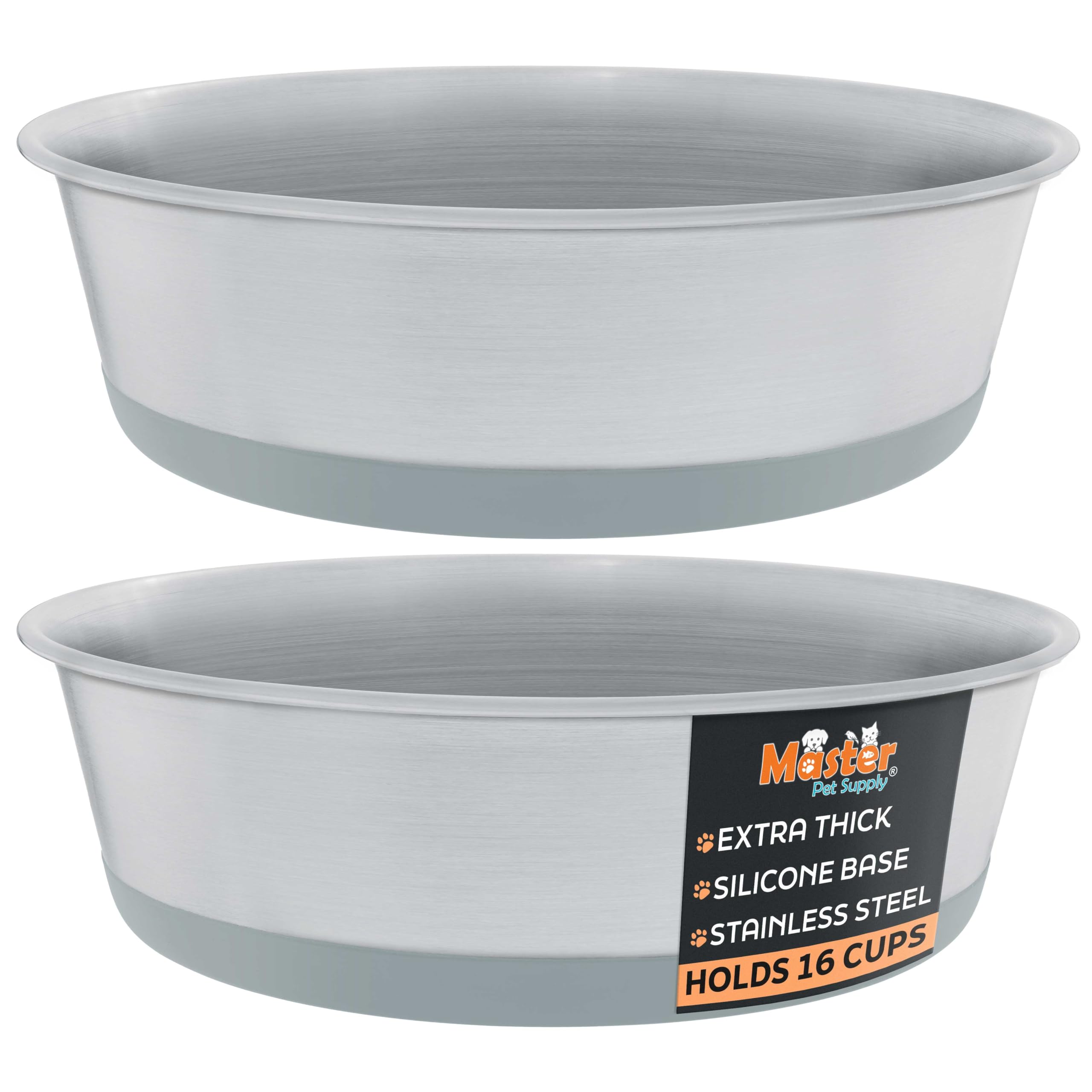 Master Pet Supply Stainless Steel Dog Bowls Set of 2 with Extra Thick Silicone Base - 16 Cup (128 oz) Graphite, Non-Slip, Dishwa