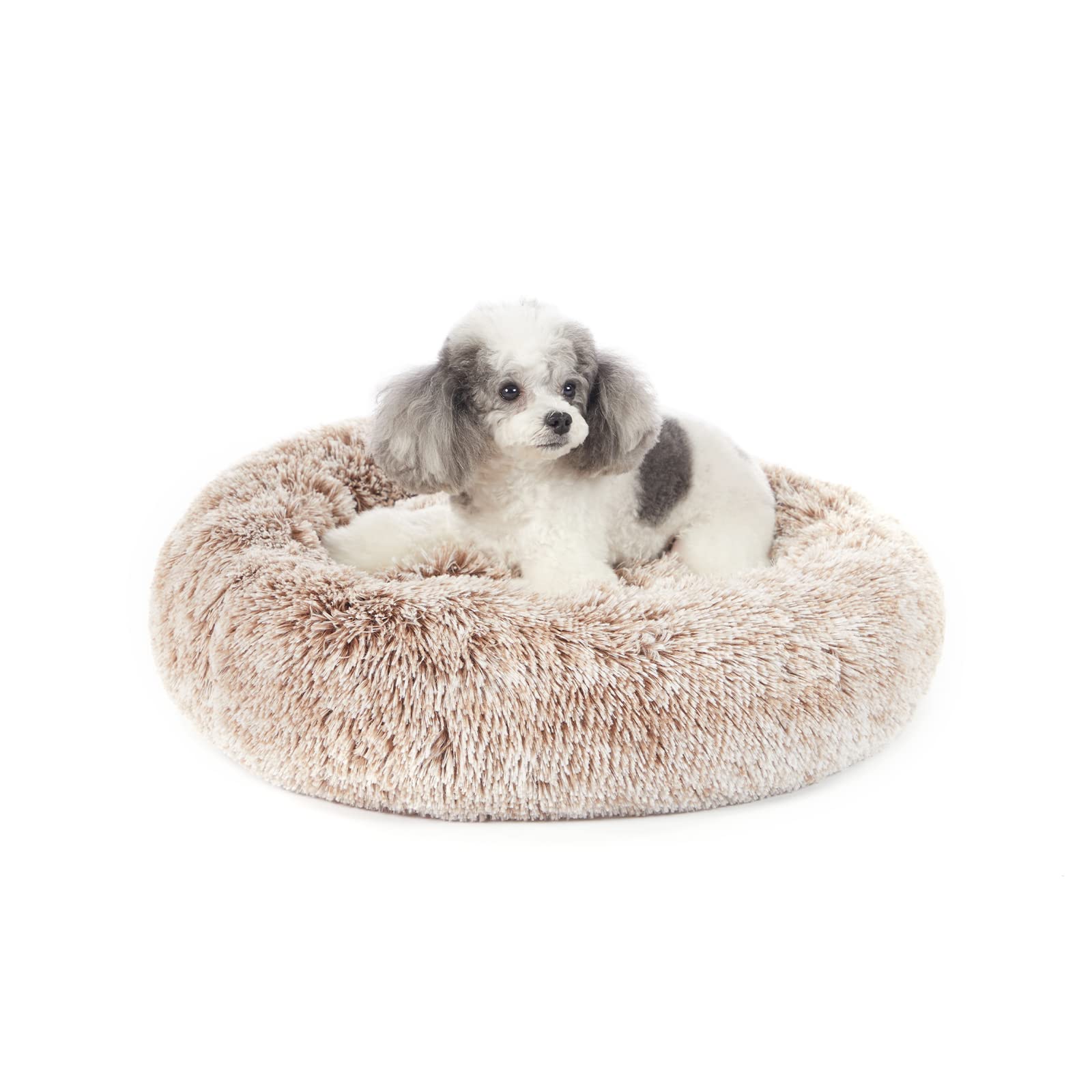 Bedfolks Calming Donut Dog Bed, 23 Inches Round Fluffy Dog Beds For Small Dogs, Machine Washable Anti-Anxiety Plush Puppy Bed(Br