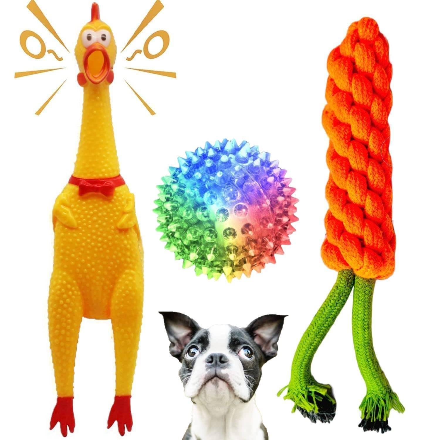 YOUHAVEDEAL Squeaky Chew Natural Latex Rubber Squeaky Chicken Toy (Large) | Rubber Spike LED Ball | Chew Rope Toys for Medium Br