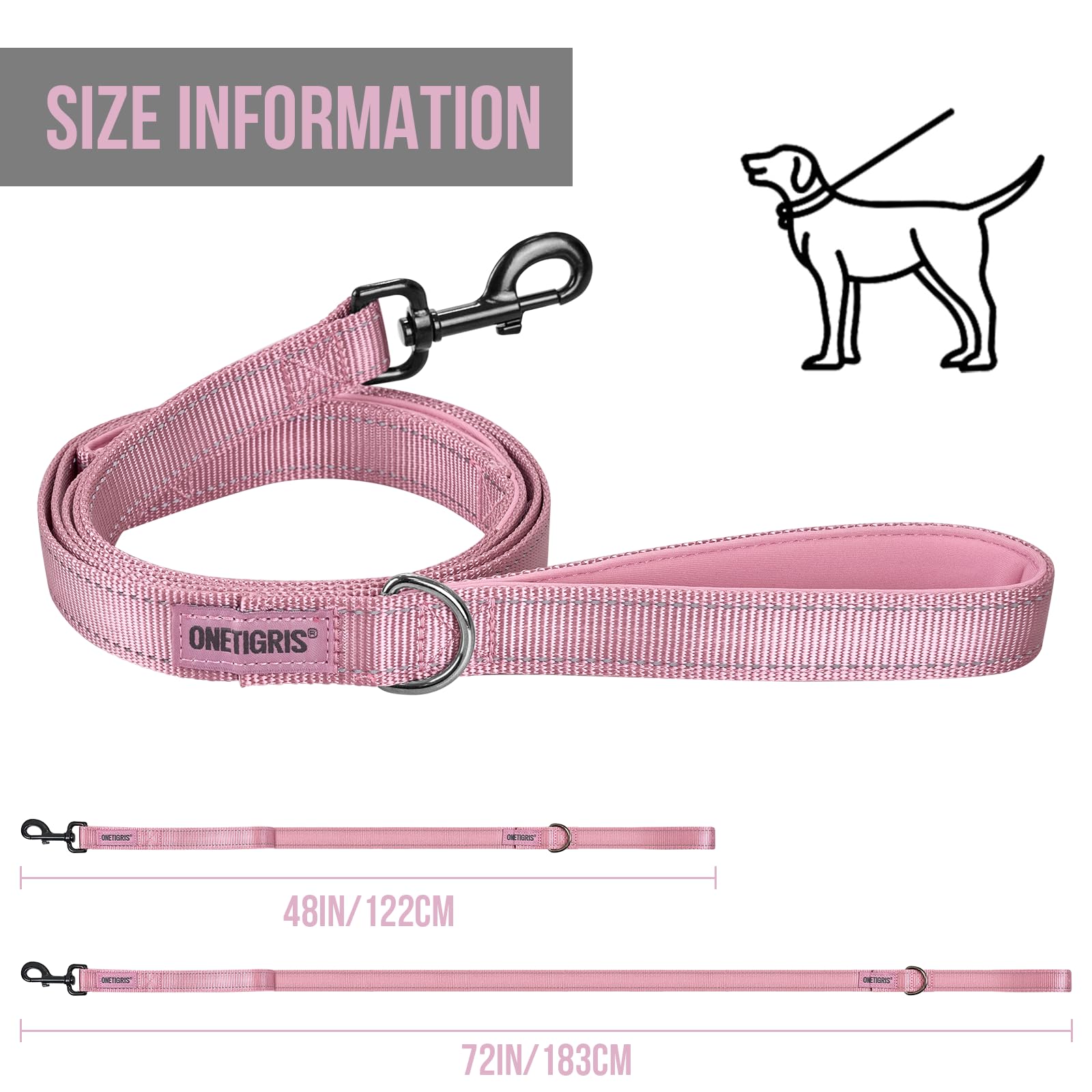Onetigris Handled No-Pull Dog Walking Leash Long Traffic Leads For Medium To Large Dogs (Pink, 4Ft)